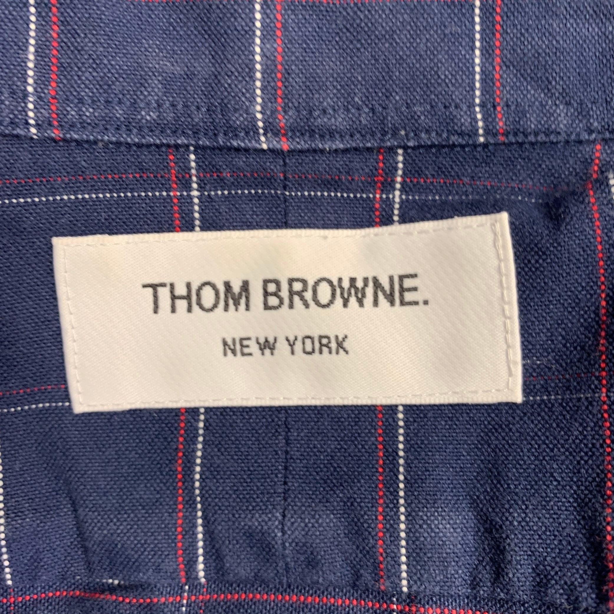 Men's THOM BROWNE Size L Navy Red White Window Pane Cotton Long Sleeve Shirt For Sale