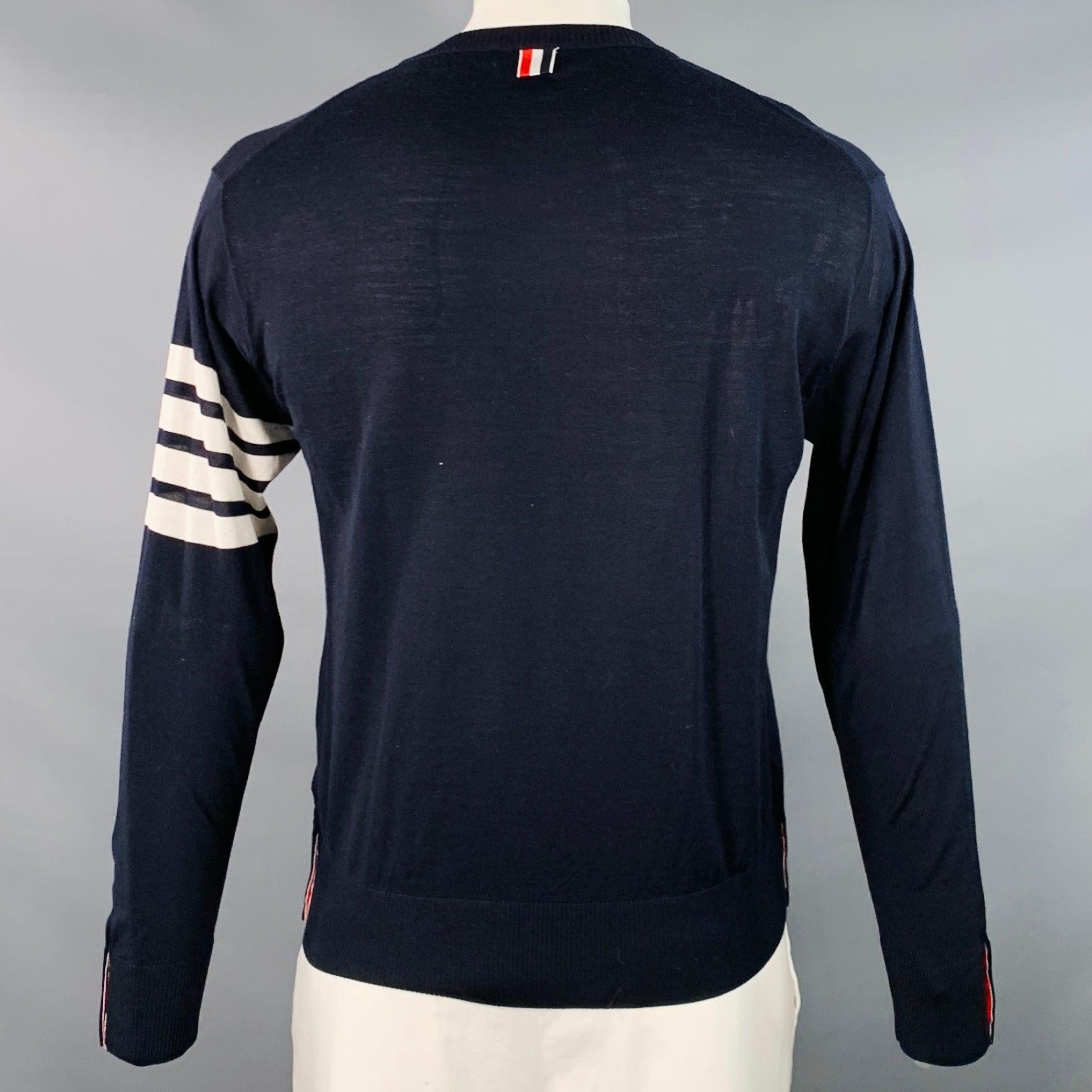 Noir THOM BROWNE Size L Navy White Stripe Merino Wool Pullover (Pull en laine mérinos à rayures) en vente