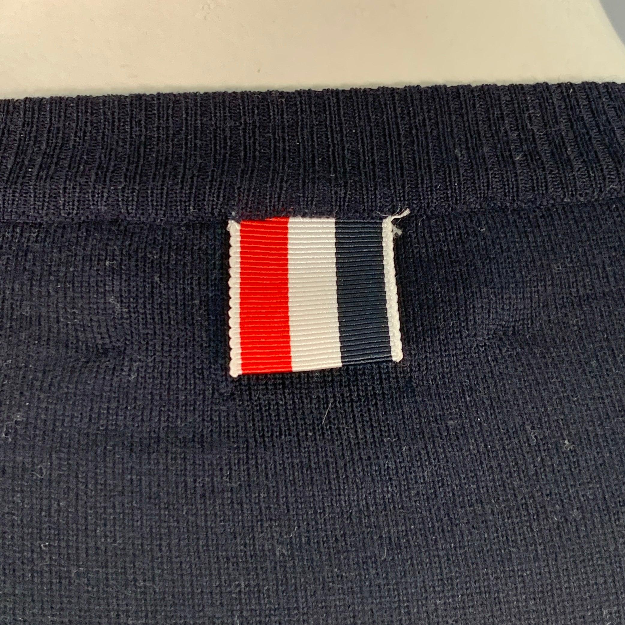 THOM BROWNE Size L Navy White Stripe Merino Wool Pullover (Pull en laine mérinos à rayures) Bon état - En vente à San Francisco, CA