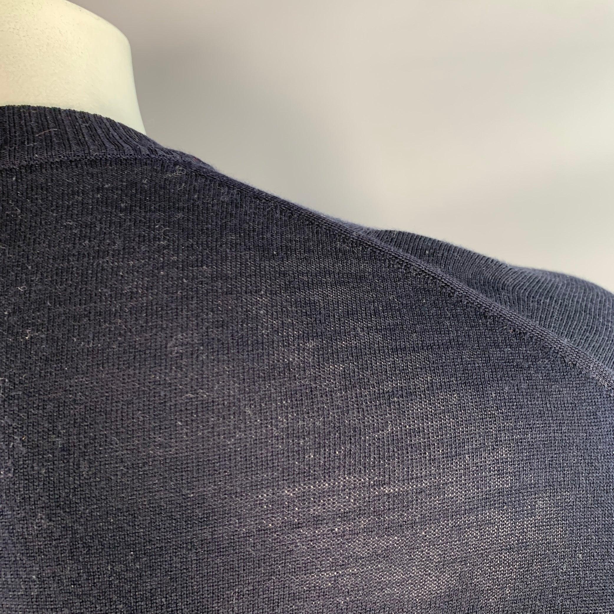 THOM BROWNE Size L Navy White Stripe Merino Wool Pullover (Pull en laine mérinos à rayures) Pour hommes en vente