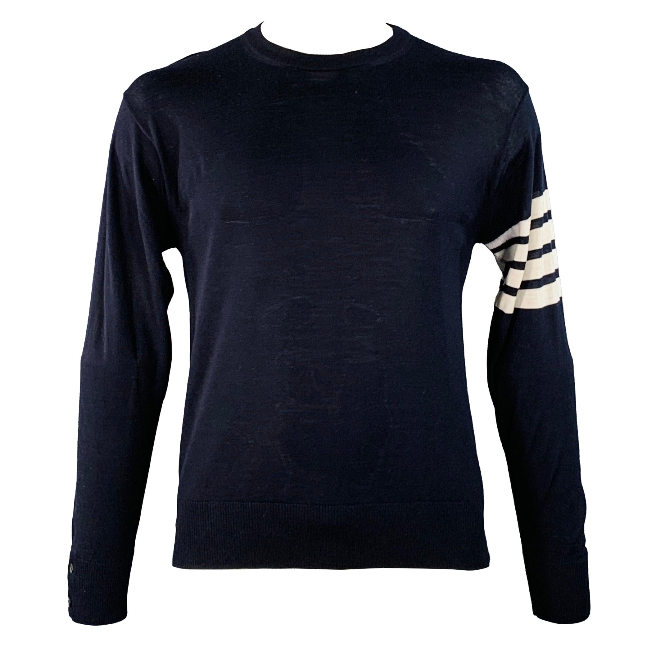 THOM BROWNE Size L Navy White Stripe Merino Wool Pullover (Pull en laine mérinos à rayures) en vente