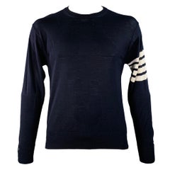 THOM BROWNE Size L Navy White Stripe Merino Wool Pullover (Pull en laine mérinos à rayures)