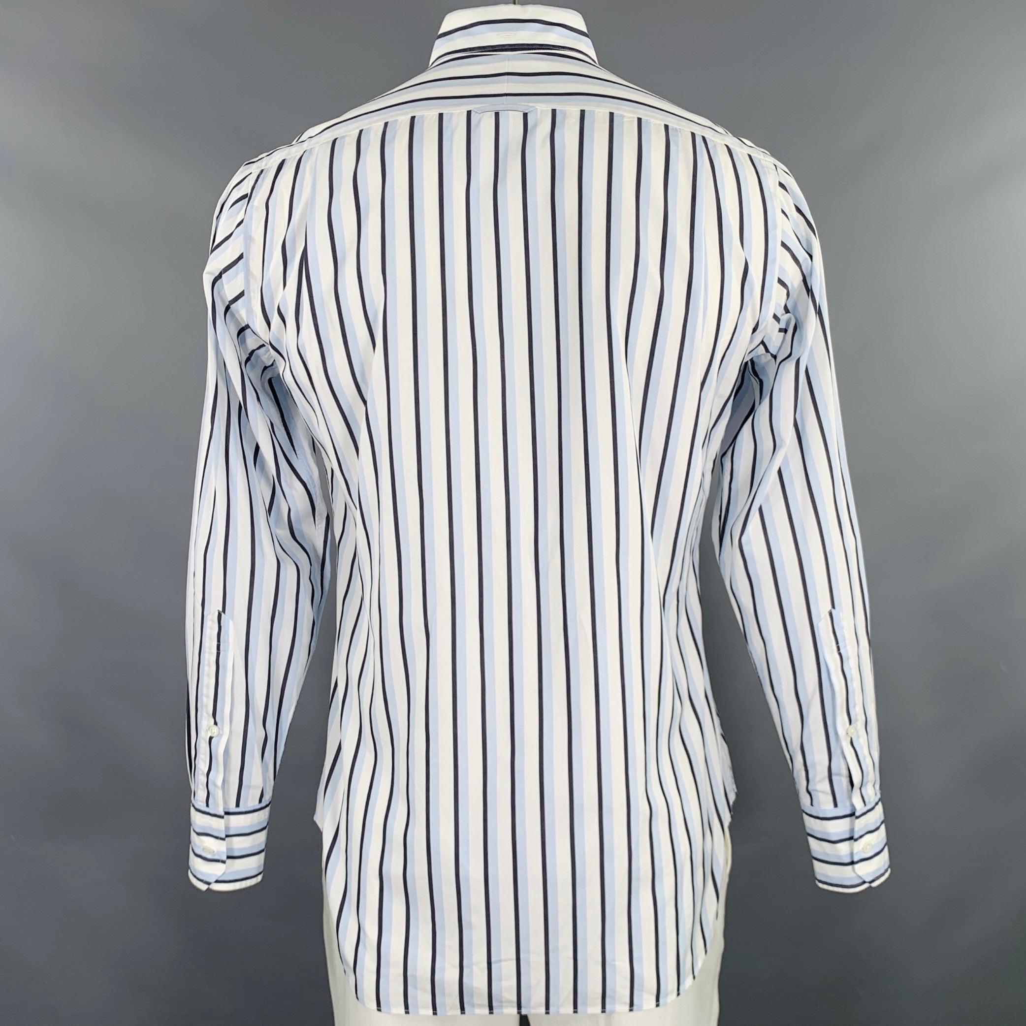 THOM BROWNE Size L White Black Blue Stripe Cotton One Pocket Long Sleeve Shirt In Excellent Condition For Sale In San Francisco, CA