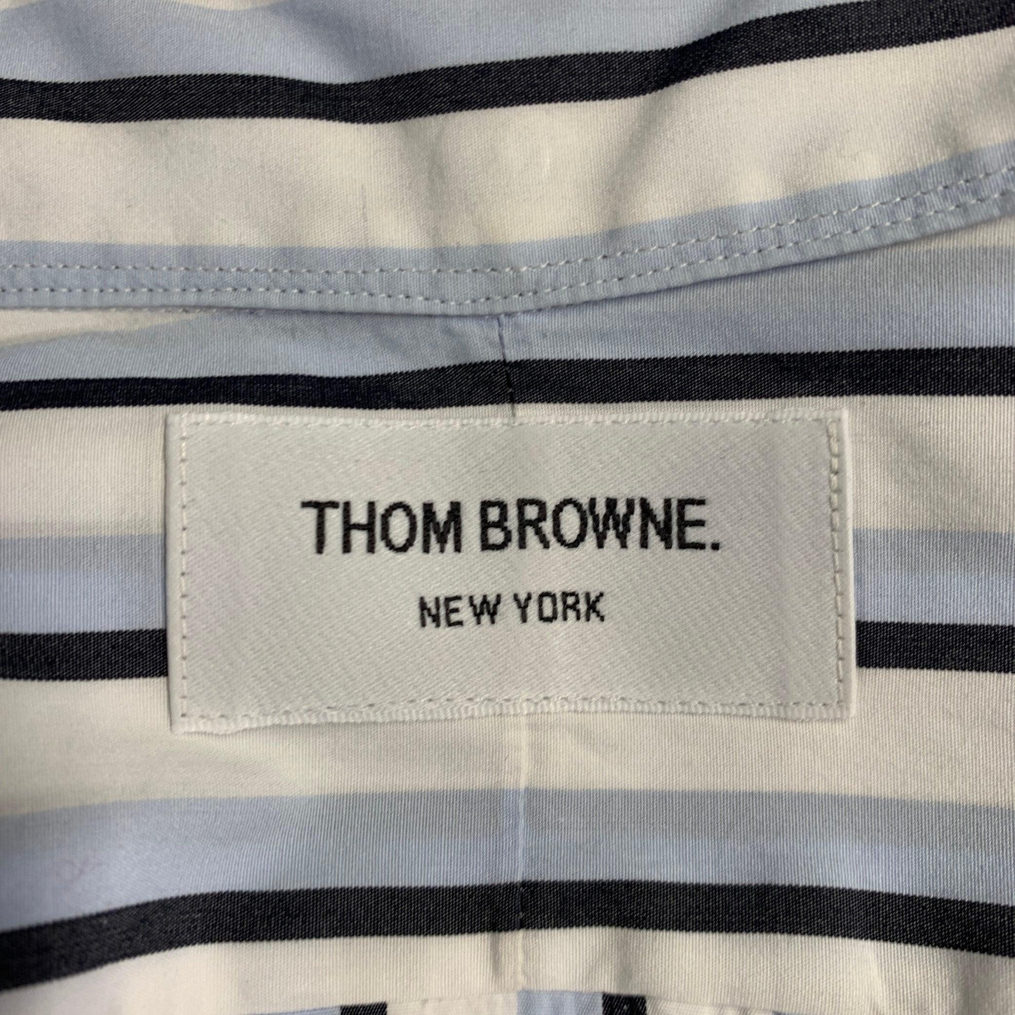 THOM BROWNE Size L White Black Blue Stripe Cotton One Pocket Long Sleeve Shirt For Sale 1