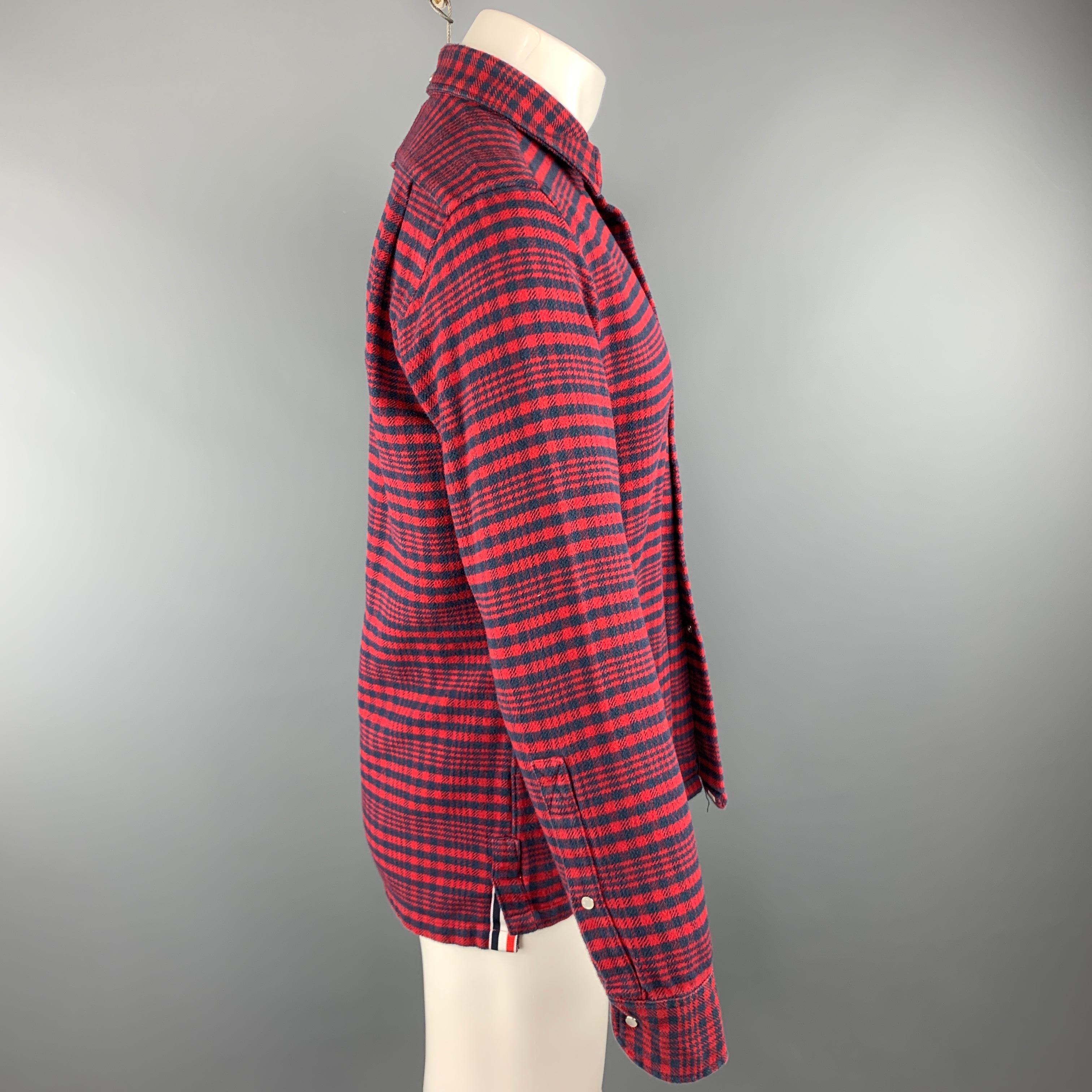 THOM BROWNE Size M Red & Navy Plaid Cotton Shirt Jacket Long Sleeve Shirt In Excellent Condition In San Francisco, CA