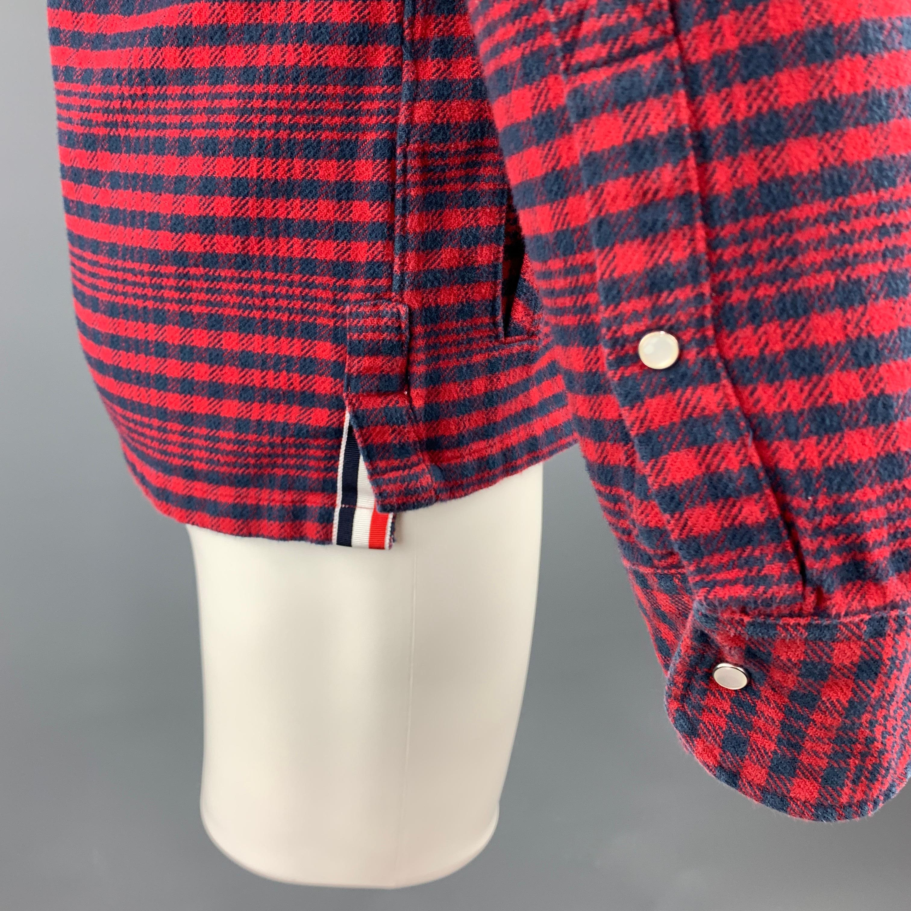 Men's THOM BROWNE Size M Red & Navy Plaid Cotton Shirt Jacket Long Sleeve Shirt