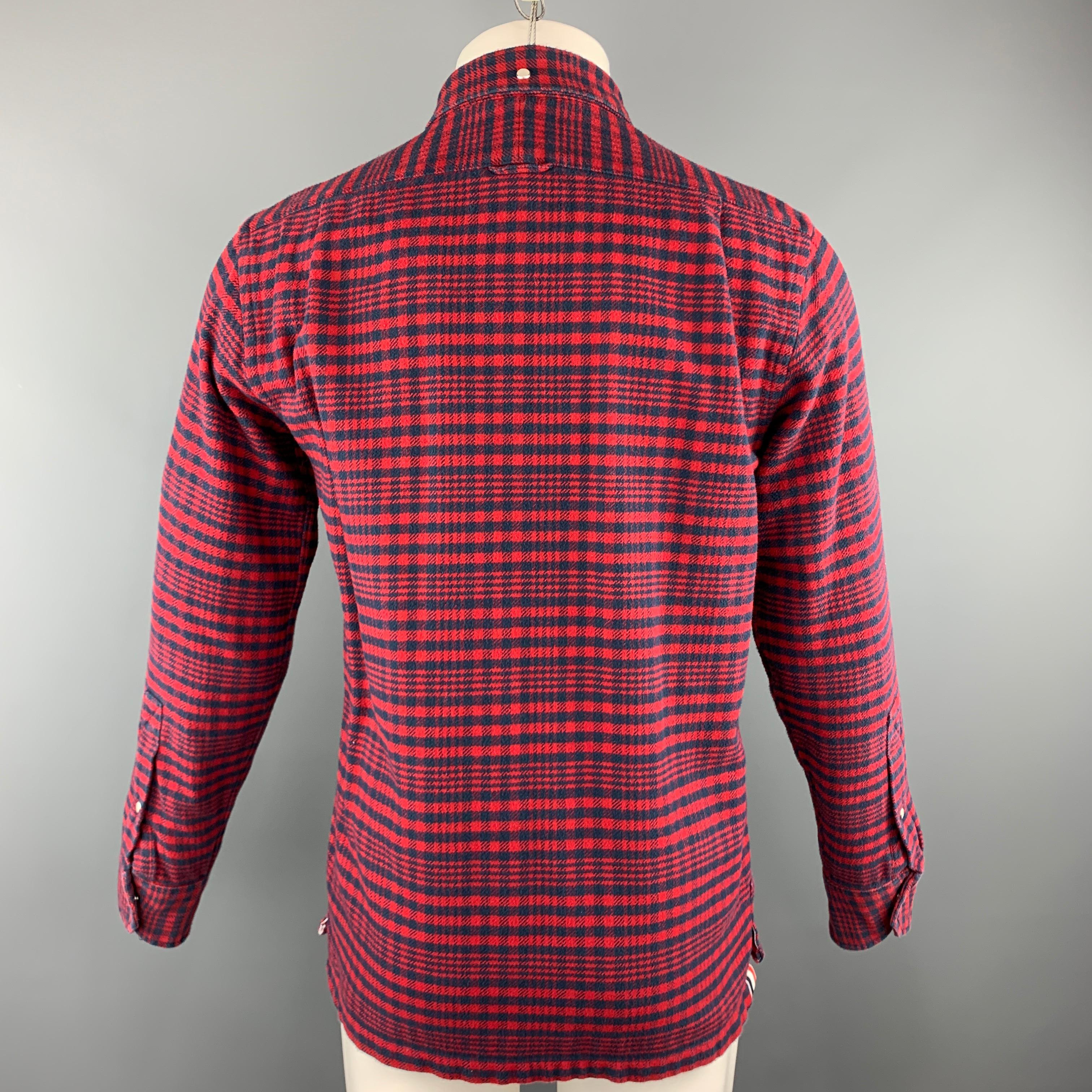 THOM BROWNE Size M Red & Navy Plaid Cotton Shirt Jacket Long Sleeve Shirt 1