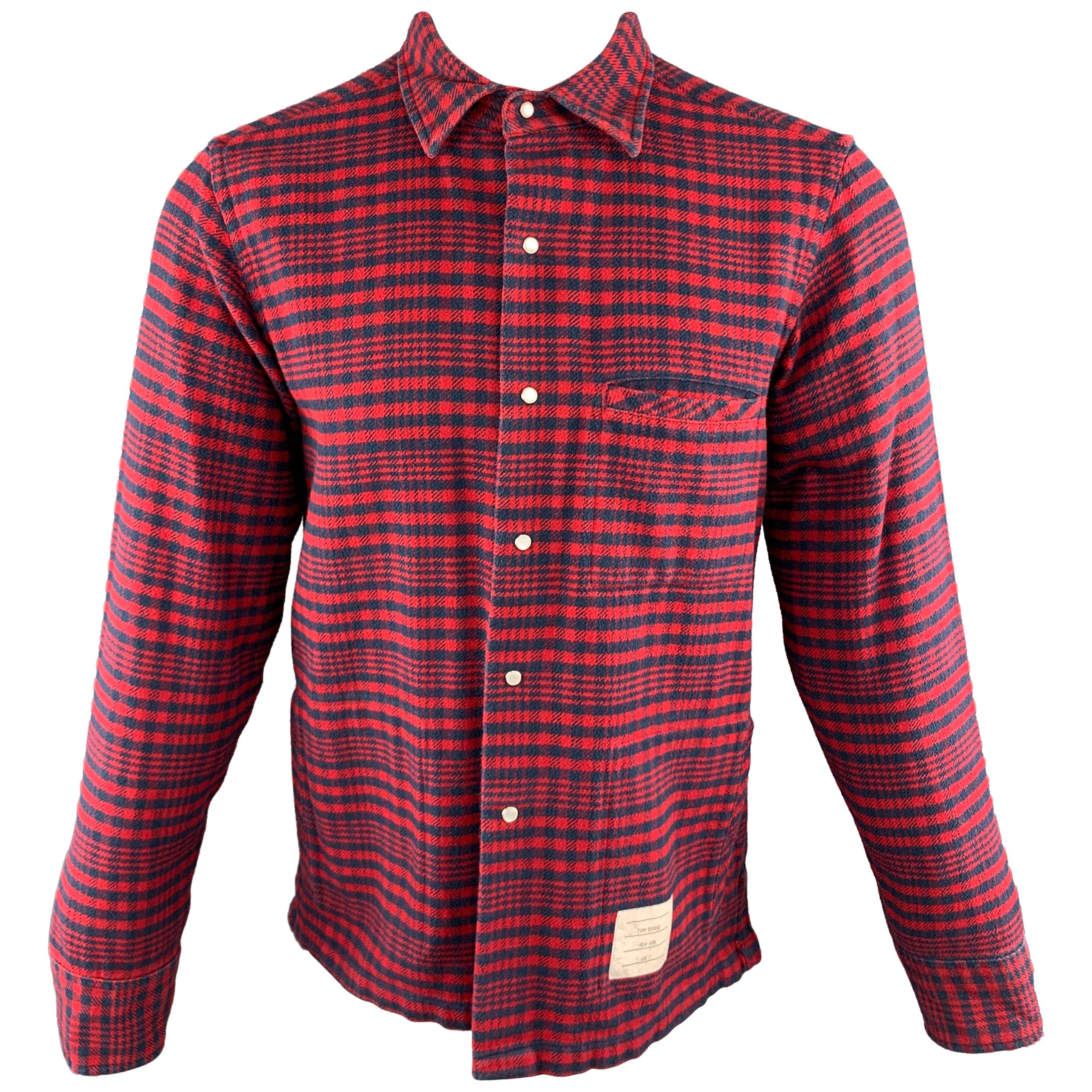 THOM BROWNE Size M Red & Navy Plaid Cotton Shirt Jacket Long Sleeve Shirt
