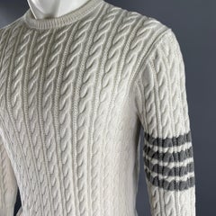 THOM BROWNE Size M White Grey Cotton Cable Knit Sweater