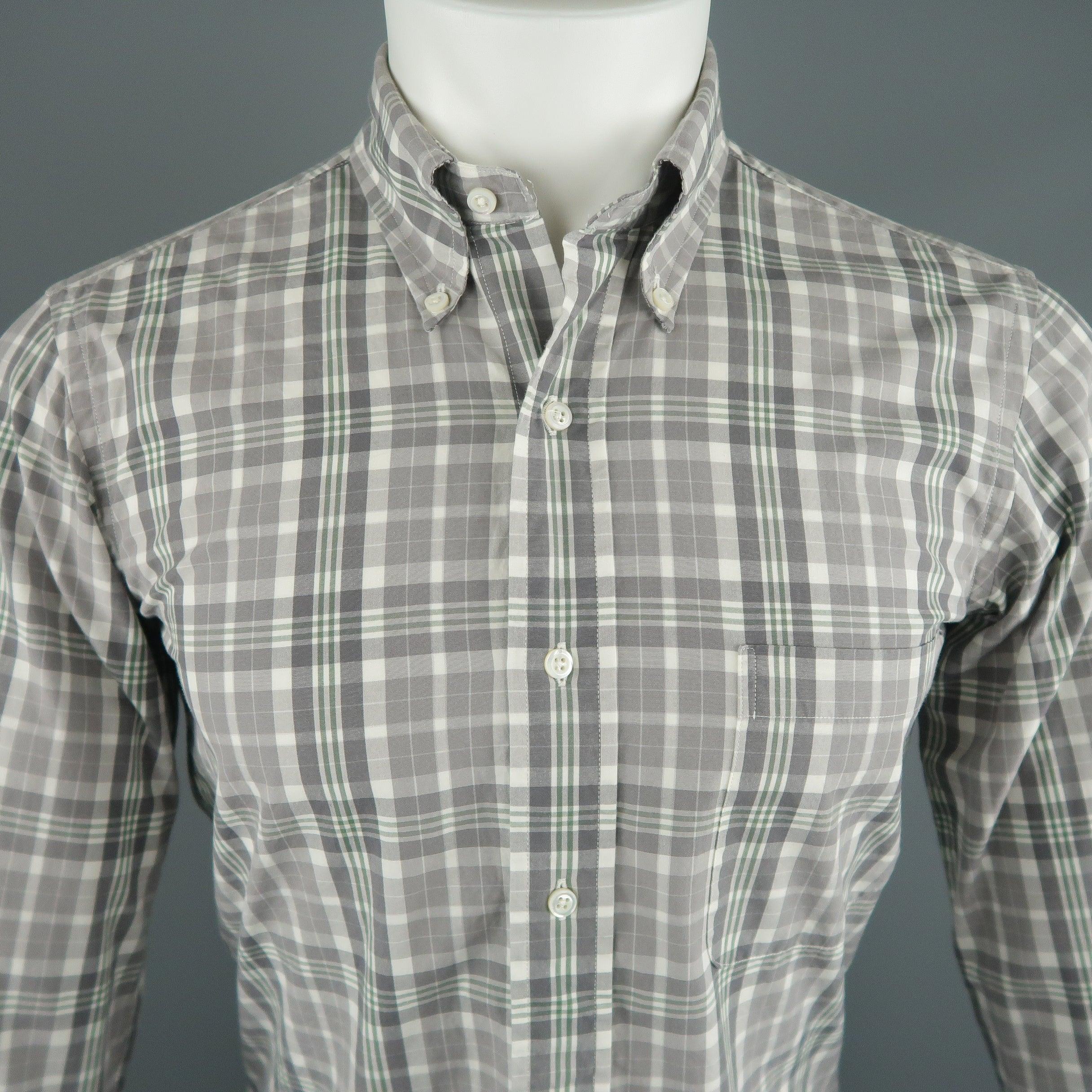 THOM BROWNE Long Sleeve Shirt comes in white, green and grey tones in a plaid cotton material, button down, with a front patch pocket and buttoned cuffs. Made in USA. 
Excellent Pre-Owned Condition.
 

Marked:   1
 

Measurements: 
  
l	Shoulder: