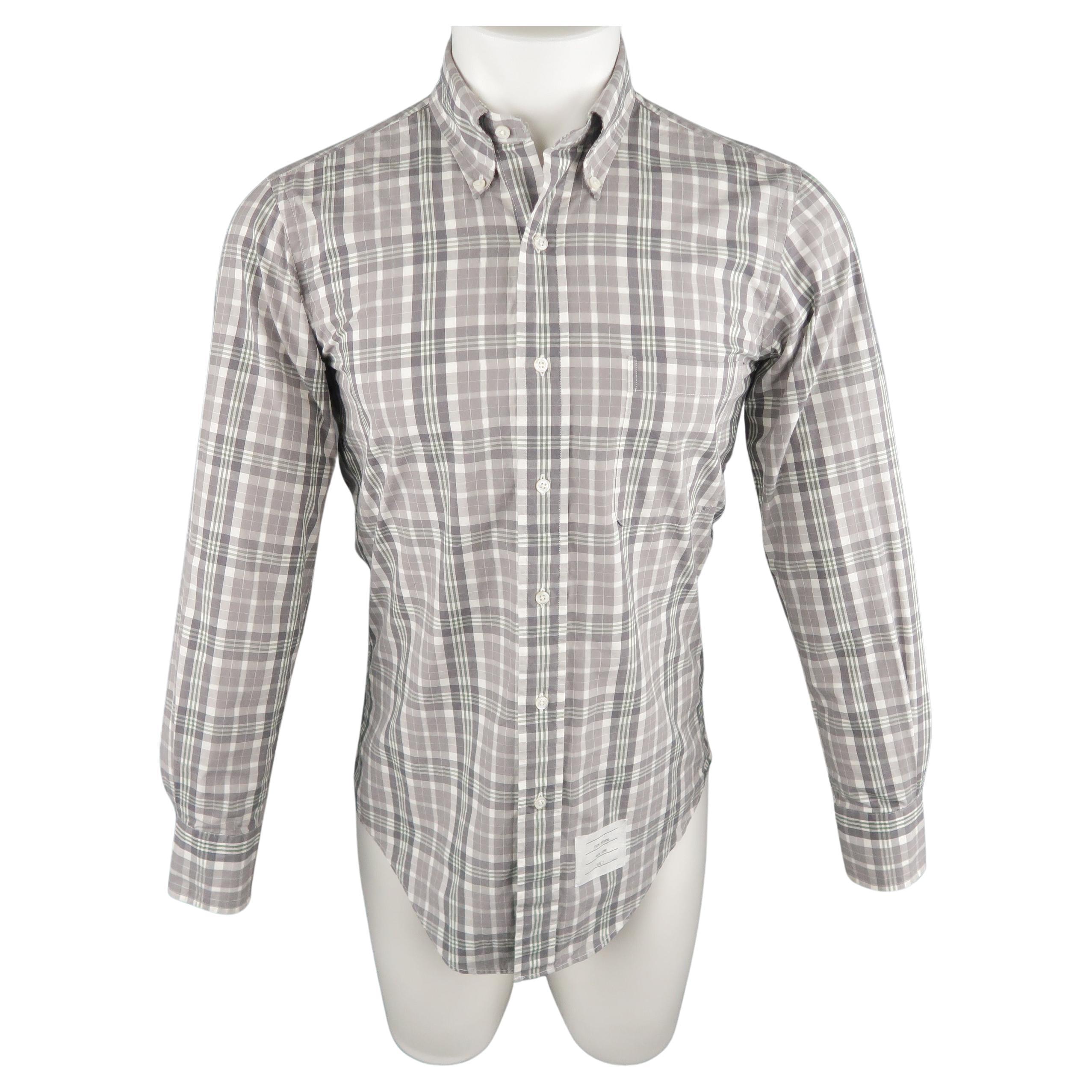 THOM BROWNE Size S Grey Plaid Cotton Button Down Long Sleeve Shirt For Sale