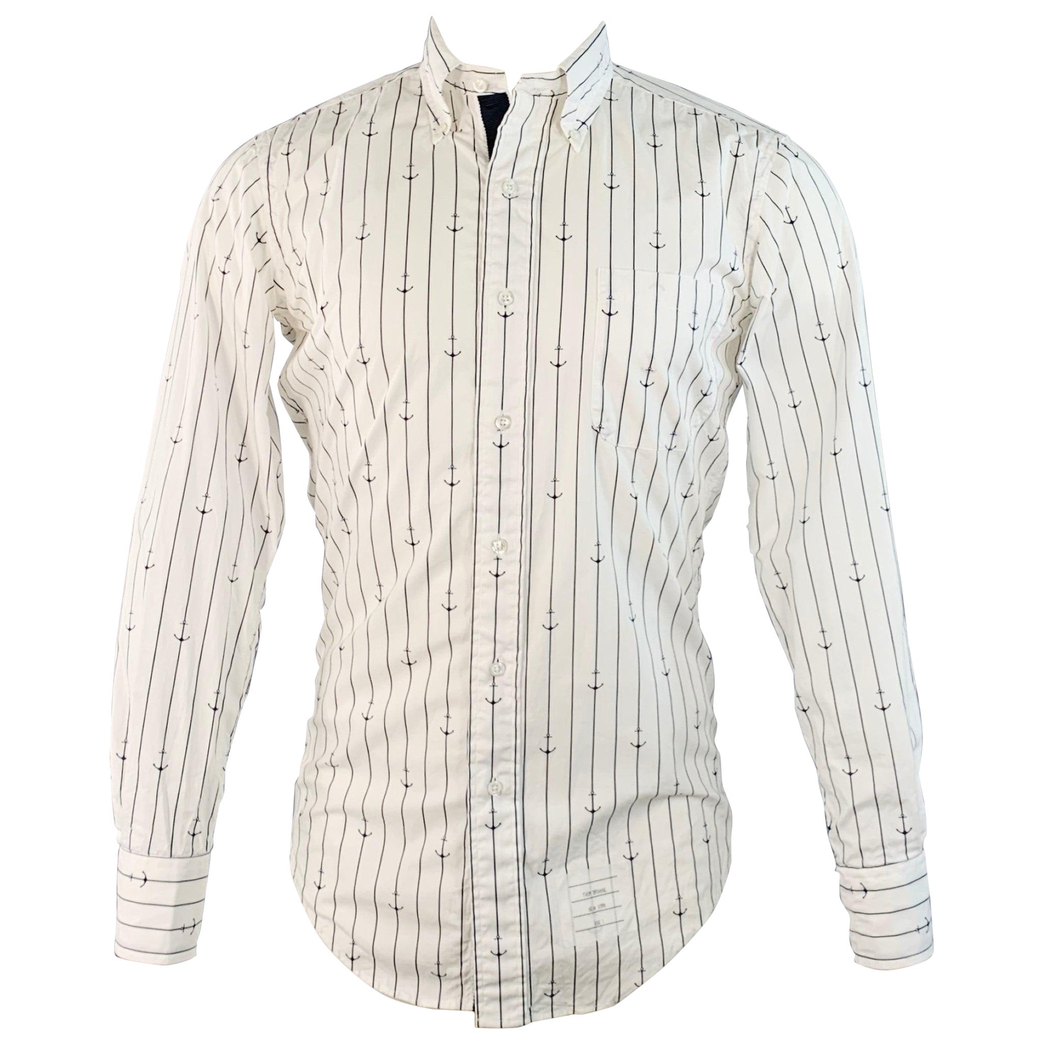 THOM BROWNE Camisa de manga larga de un bolsillo de algodón a rayas náuticas marino blanco talla S en venta
