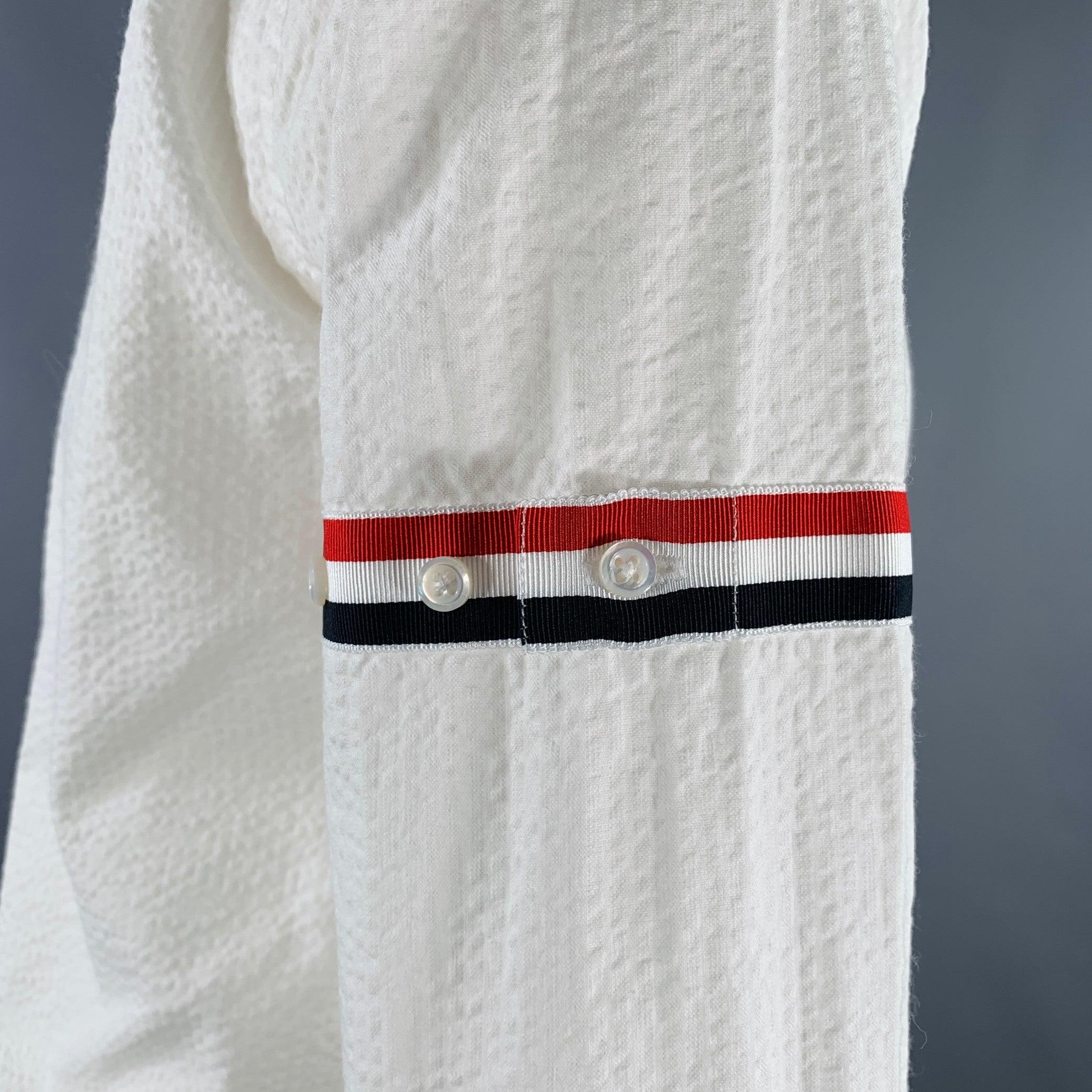 Gray THOM BROWNE Size S White Red Navy Seersucker One Pocket Long Sleeve Shirt