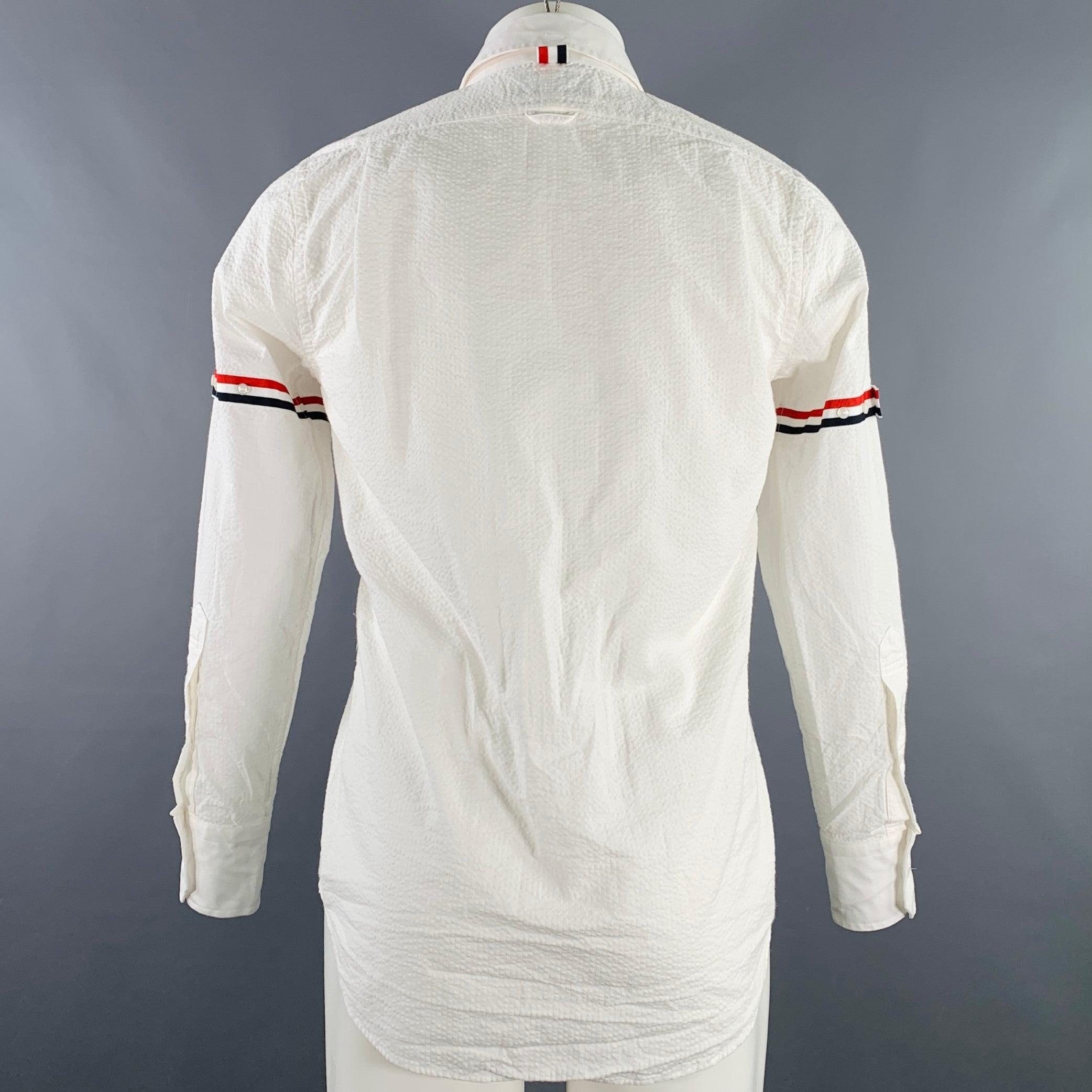 THOM BROWNE Size S White Red Navy Seersucker One Pocket Long Sleeve Shirt In Excellent Condition In San Francisco, CA