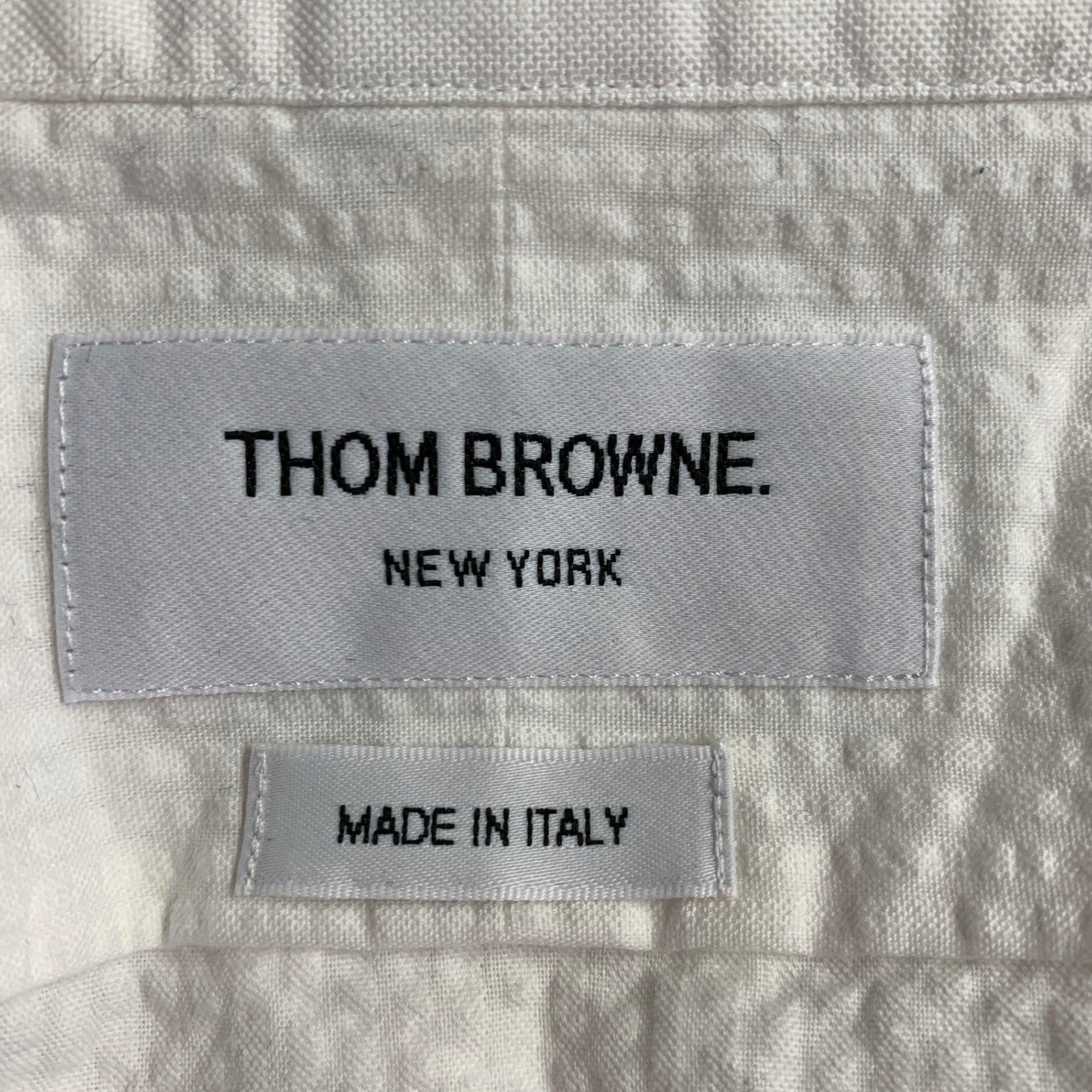 Men's THOM BROWNE Size S White Red Navy Seersucker One Pocket Long Sleeve Shirt