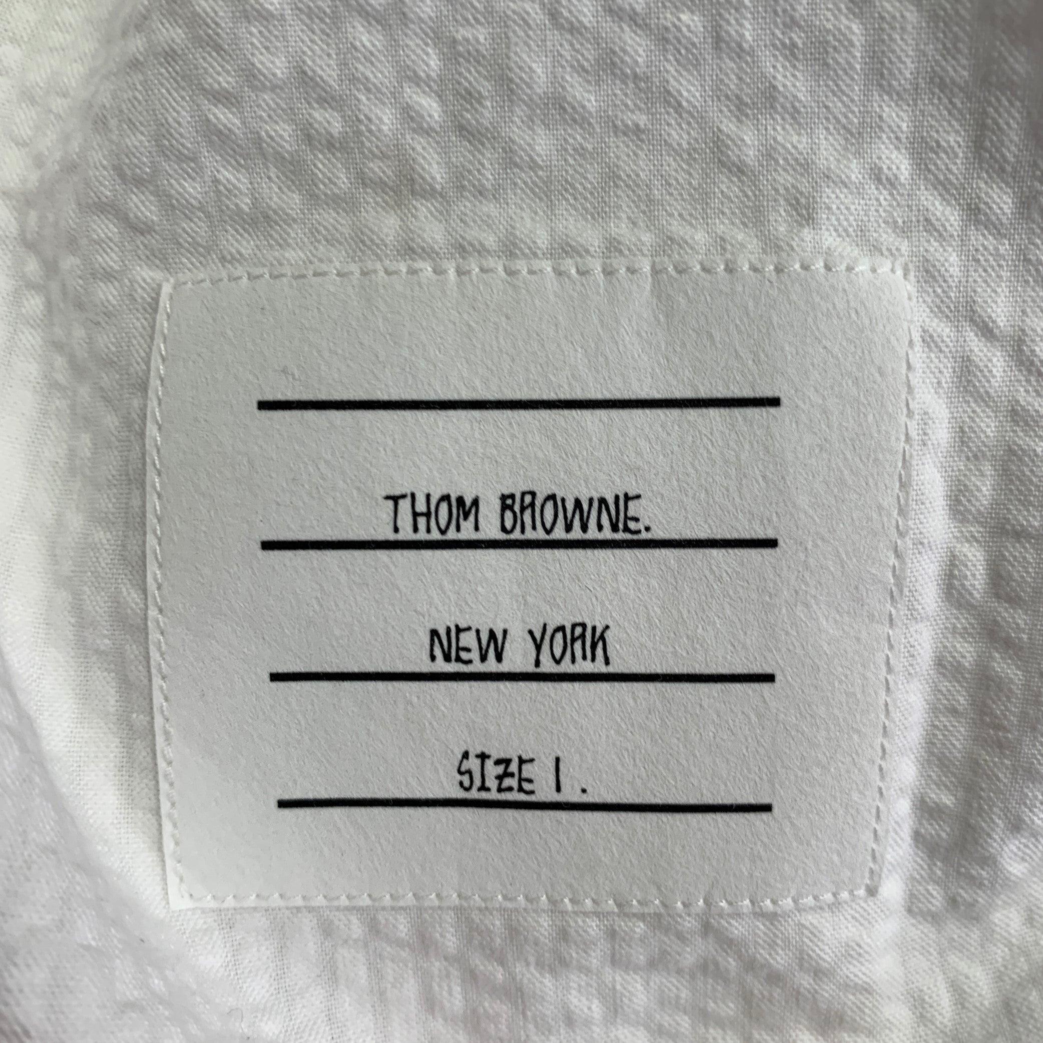 THOM BROWNE Size S White Red Navy Seersucker One Pocket Long Sleeve Shirt 1