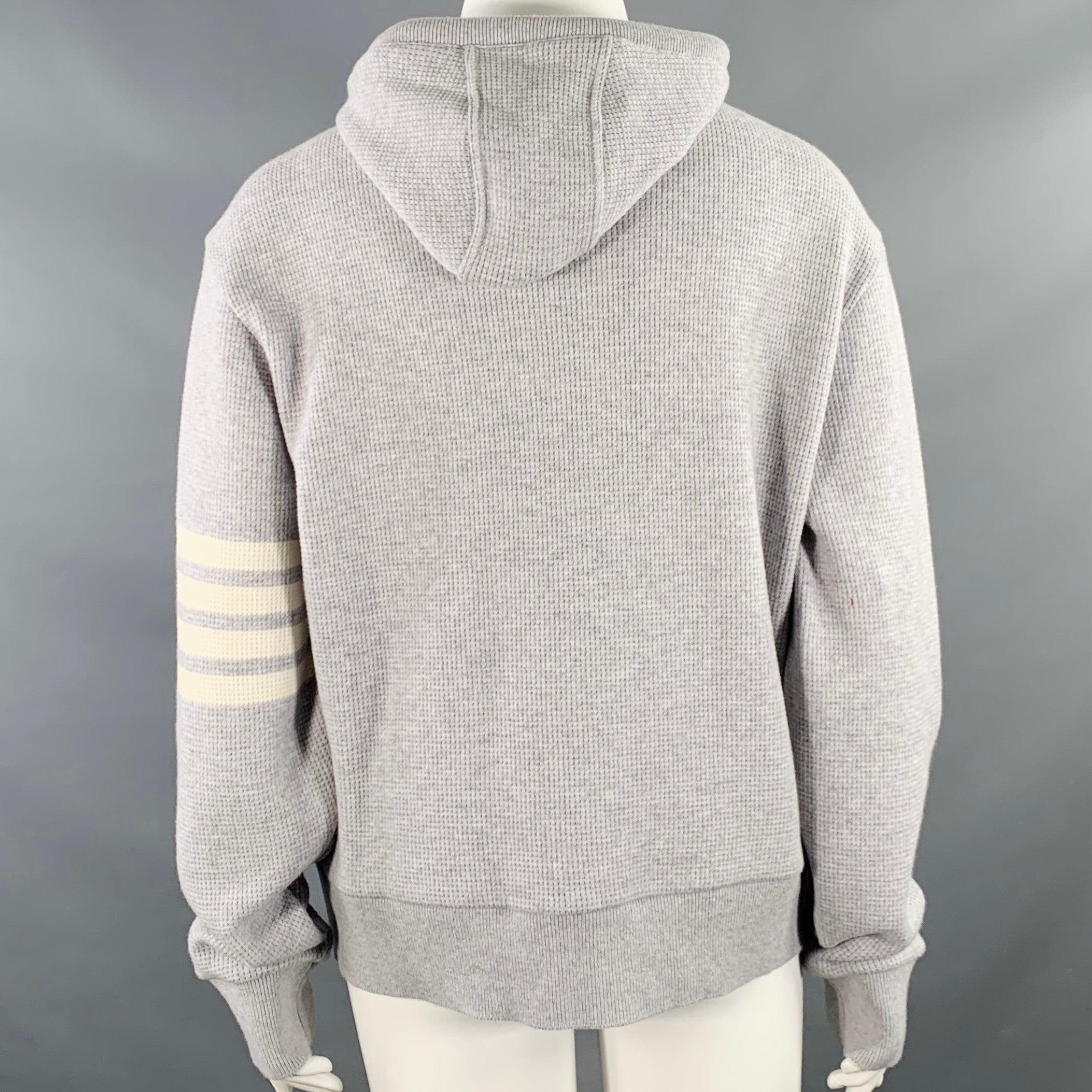 THOM BROWNE Size XL Grey Cream Cashmere Wool Waffle Hoodie Casual Top In Good Condition For Sale In San Francisco, CA