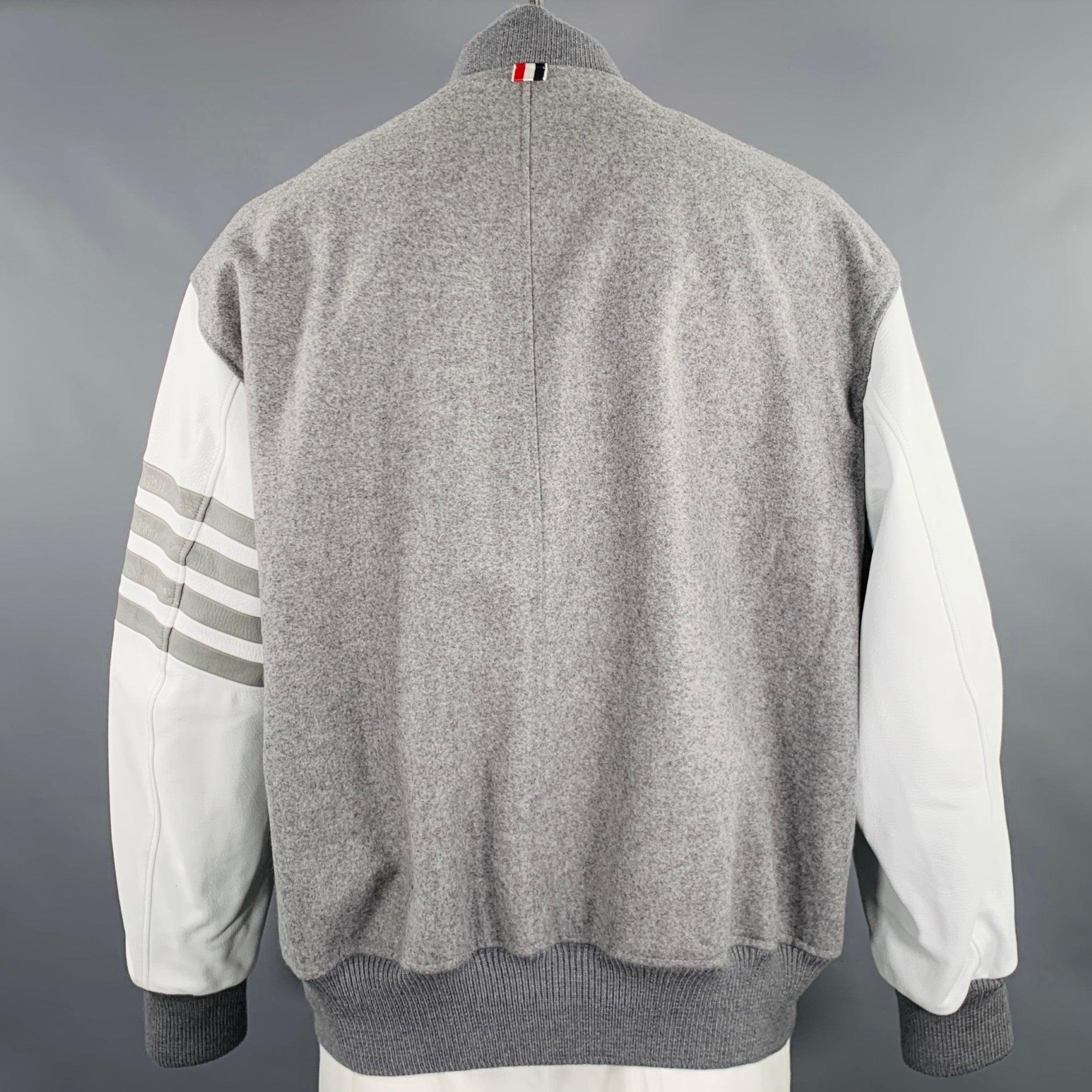 Gray THOM BROWNE Size XL Grey White Mixed Materials Wool Varsity Jacket