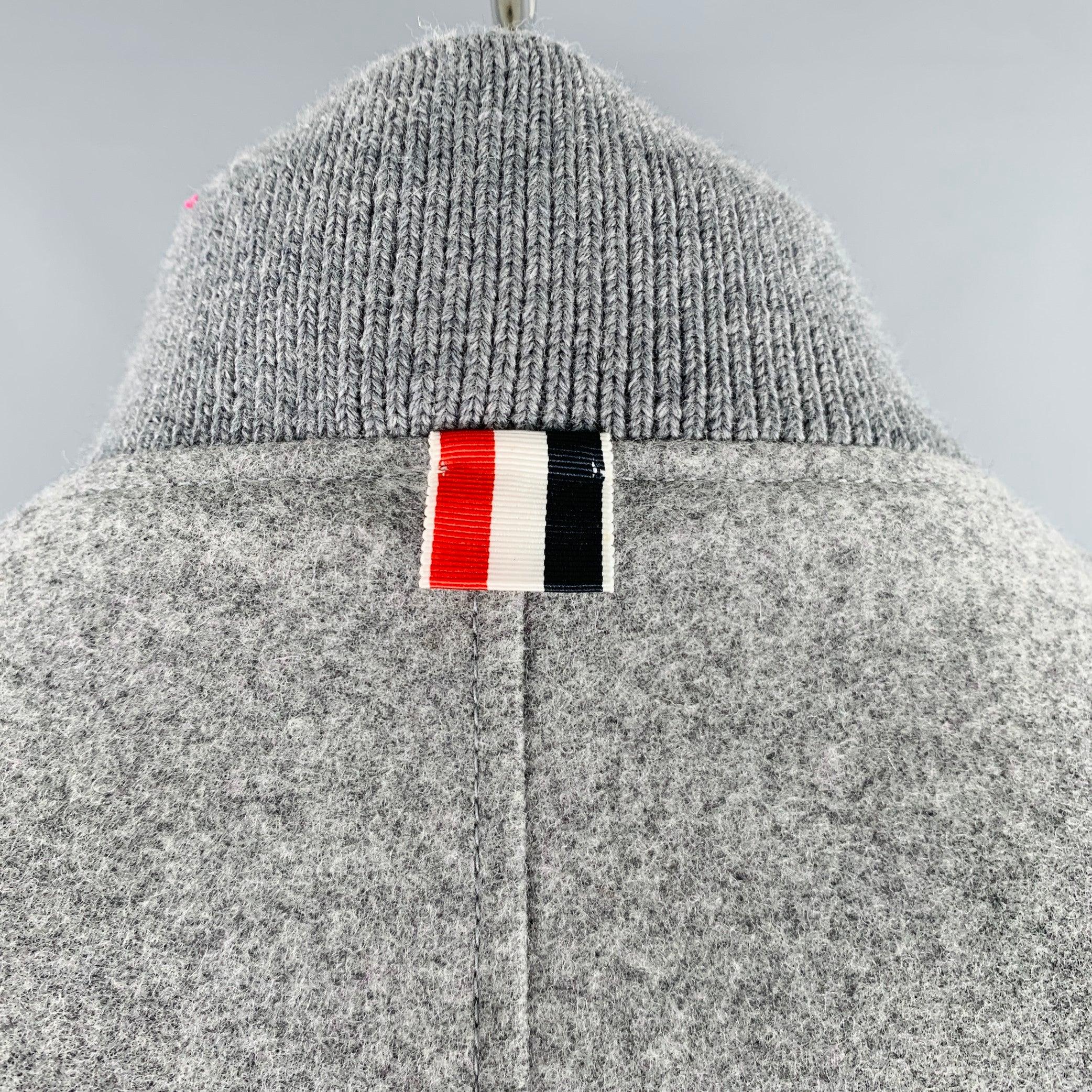 THOM BROWNE Size XL Grey White Mixed Materials Wool Varsity Jacket In Excellent Condition In San Francisco, CA