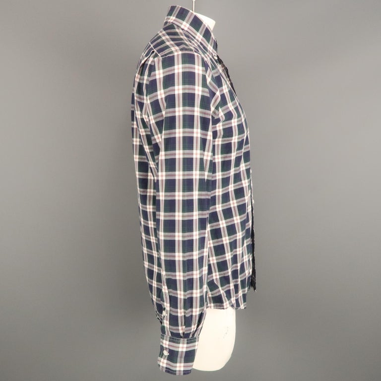 THOM BROWNE Size XL Navy and Green Plaid Cotton Button Down Long Sleeve ...