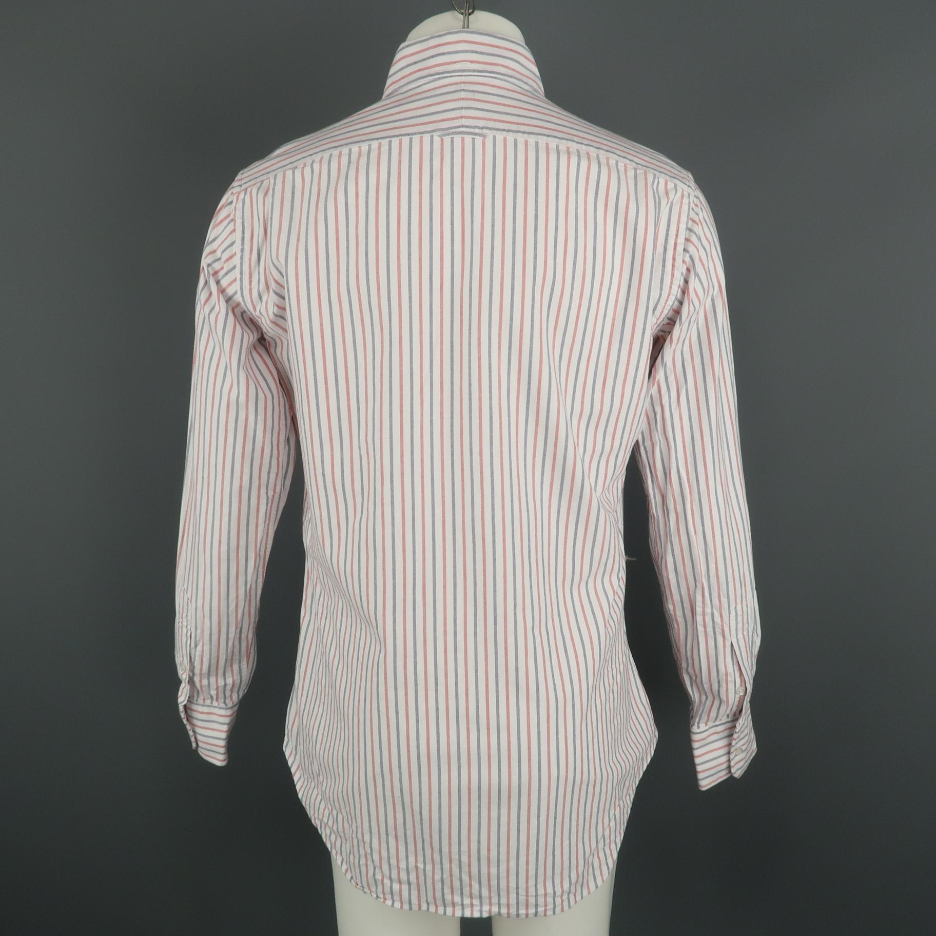 THOM BROWNE Size XL Red White Blue Stripe Cotton Button Down Long Sleeve Shirt In Excellent Condition In San Francisco, CA