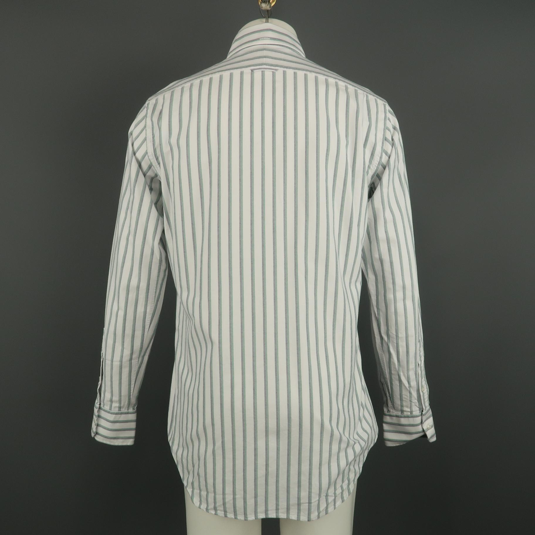 Gray THOM BROWNE Size XL White & Green Stripe Cotton Button Down Long Sleeve Shirt