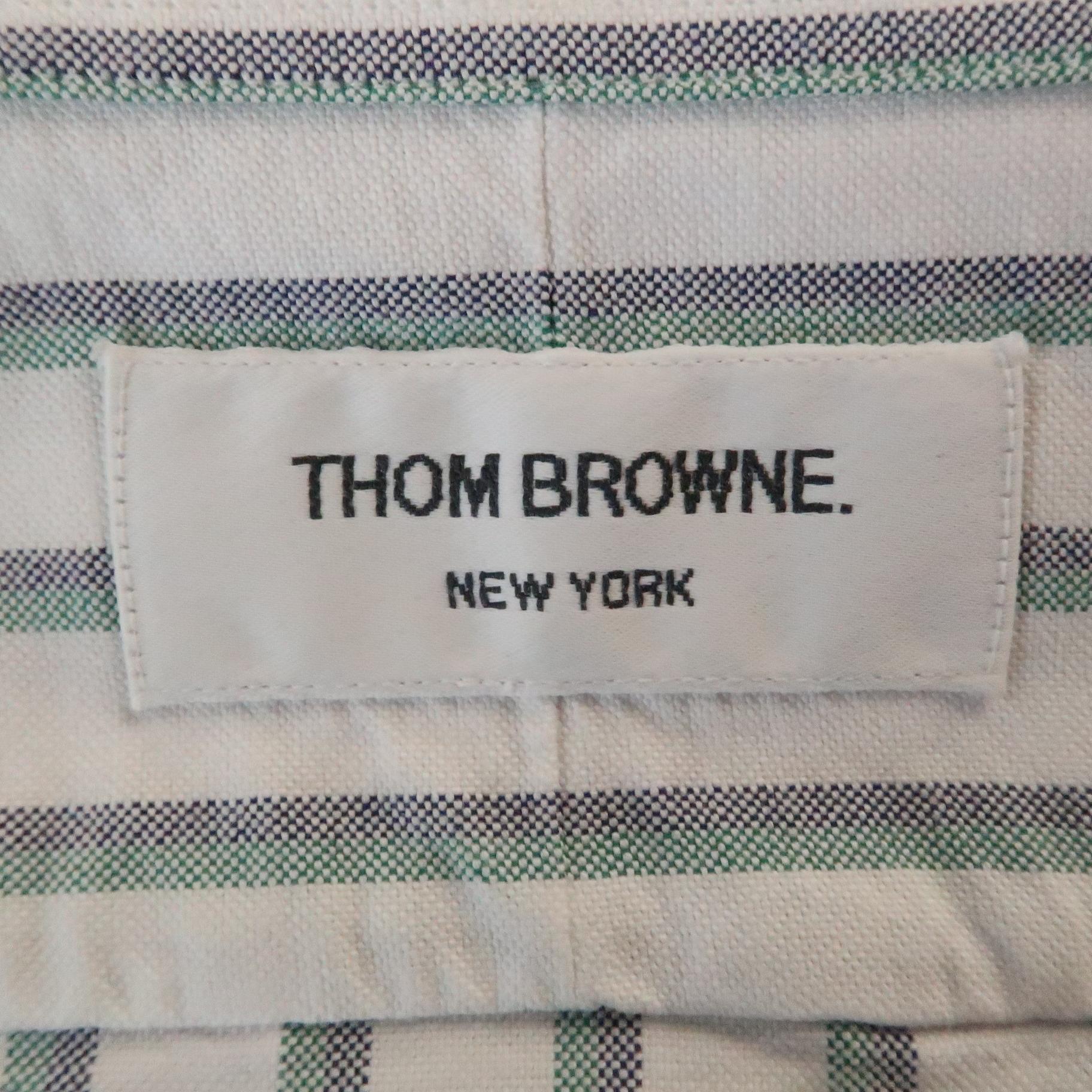 Men's THOM BROWNE Size XL White & Green Stripe Cotton Button Down Long Sleeve Shirt