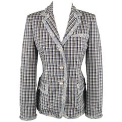 THOM BROWNE Size XS Blue Plaid Tweed Trim Pearl Button Blazer