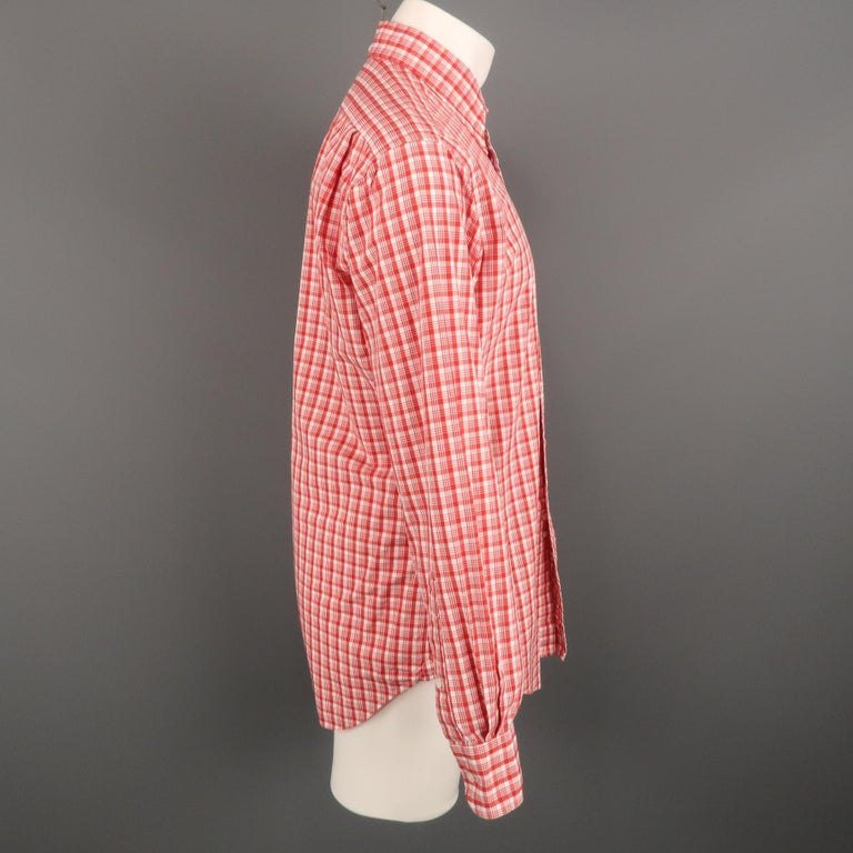 THOM BROWNE Size XXL Red and White Plaid Cotton Button Up Long Sleeve ...