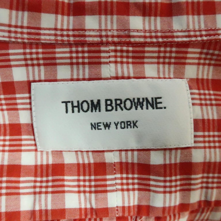 THOM BROWNE Size XXL Red and White Plaid Cotton Button Up Long Sleeve ...