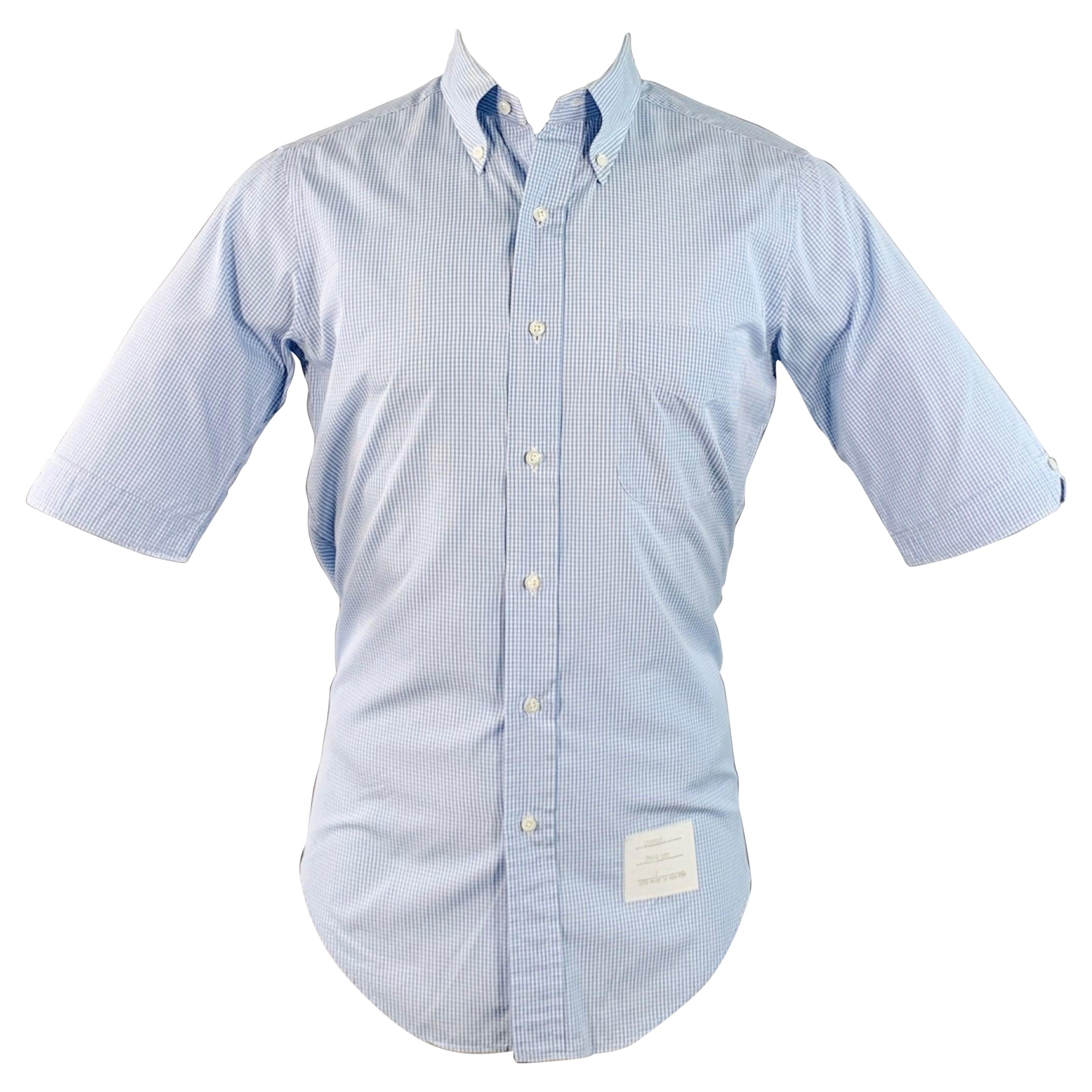 THOM BROWNE Vintage SS07 Size 38 Blue White Gingham Cotton Button Down Collar Short Sleeve Shirt