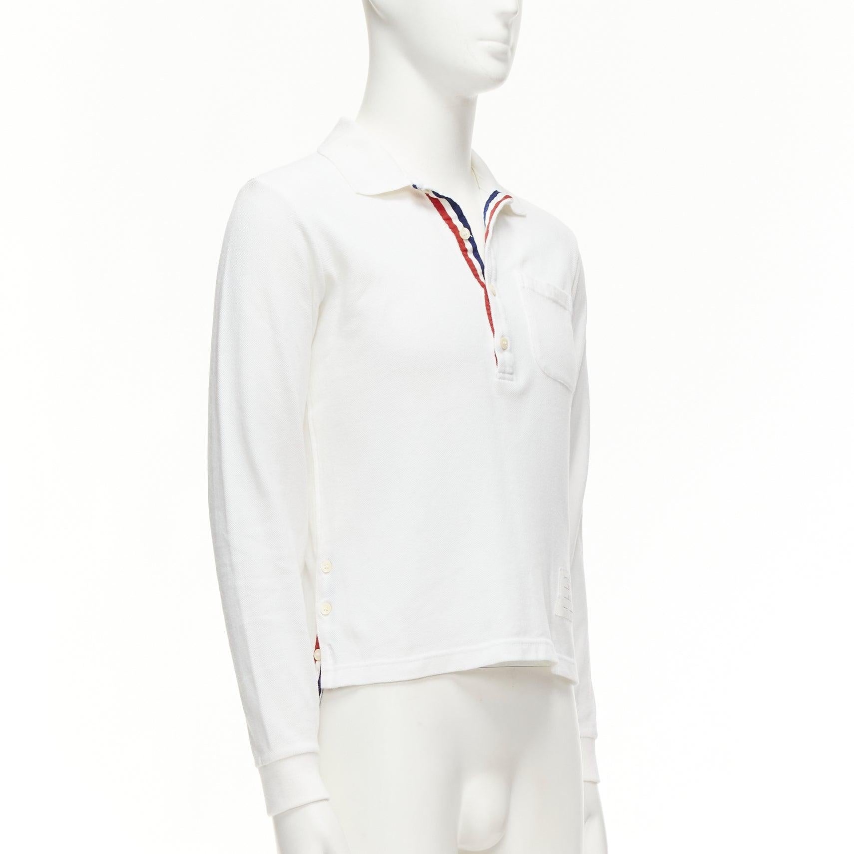 THOM BROWNE white cotton red blue stripe placket polo shirt Sz.0 XS In Fair Condition For Sale In Hong Kong, NT