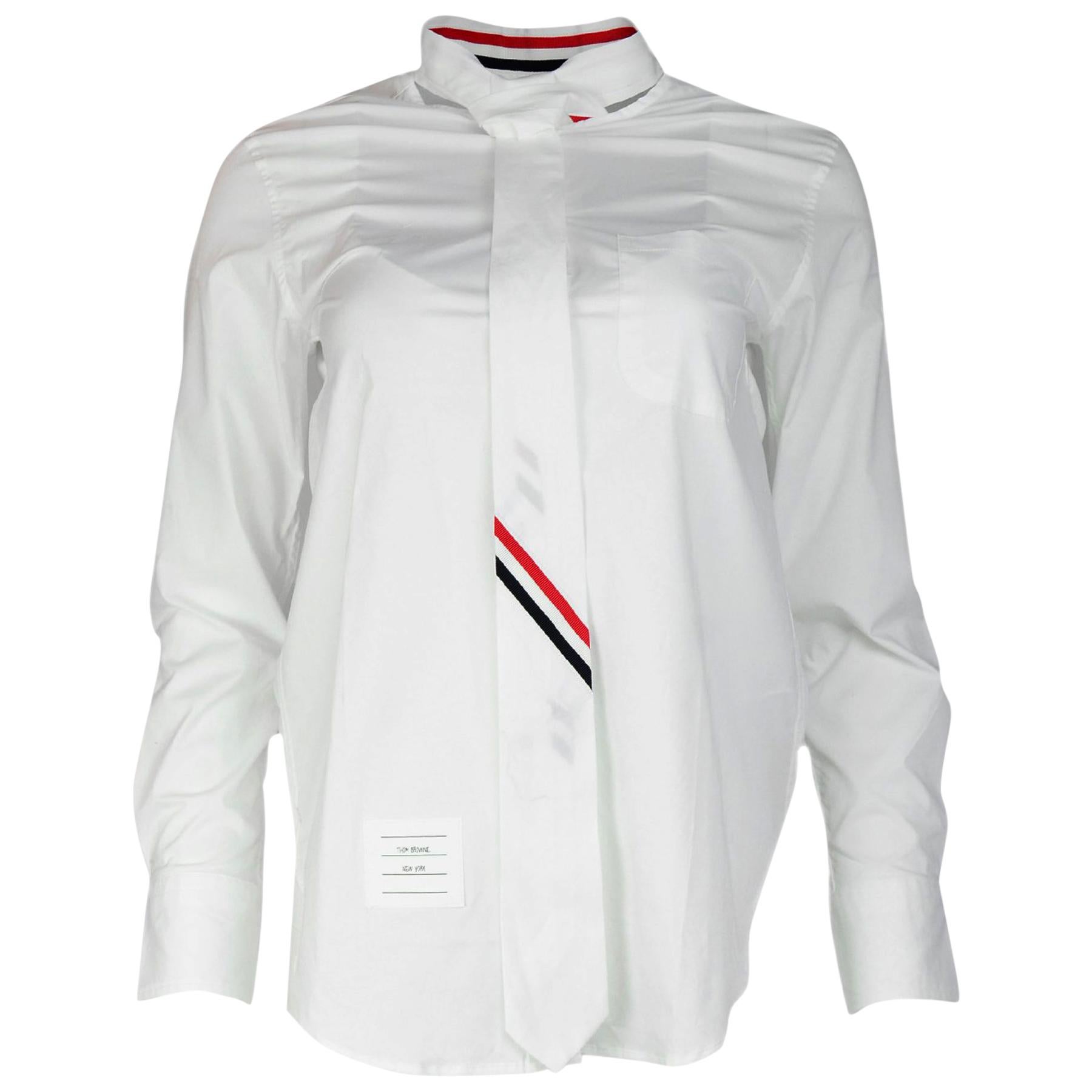 Thom Browne White Cotton Tie-Neck Striped Detail Poplin Button Up Shirt Sz 0