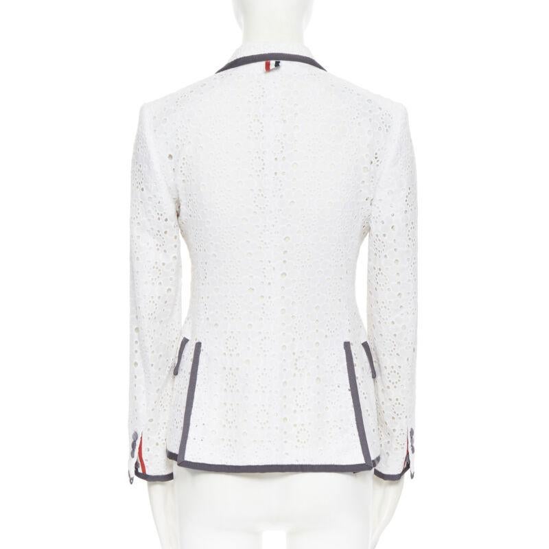 THOM BROWNE white floral embroidery anglaise grey grosgrain trim short blazer XS In Good Condition In Hong Kong, NT