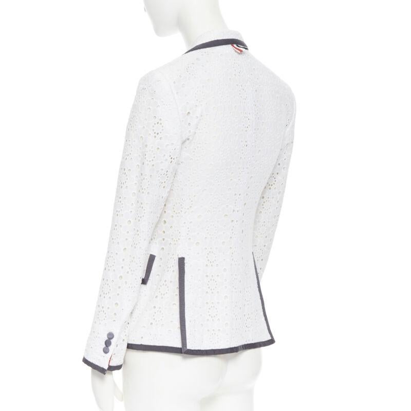 Women's THOM BROWNE white floral embroidery anglaise grey grosgrain trim short blazer XS