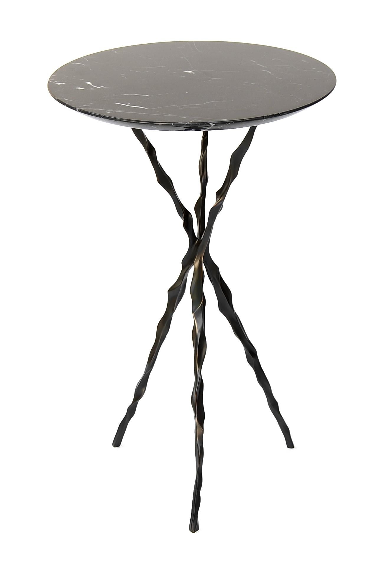 Thom drink table with Nero Marquina Marble top by Fakasaka Design
Dimensions: W 40 cm, D 40 cm, H 62 cm.
Materials: dark bronze base, Nero Marquina marble.
 
Also available in different table top materials:
Nero Marquina Marble 
Translucent