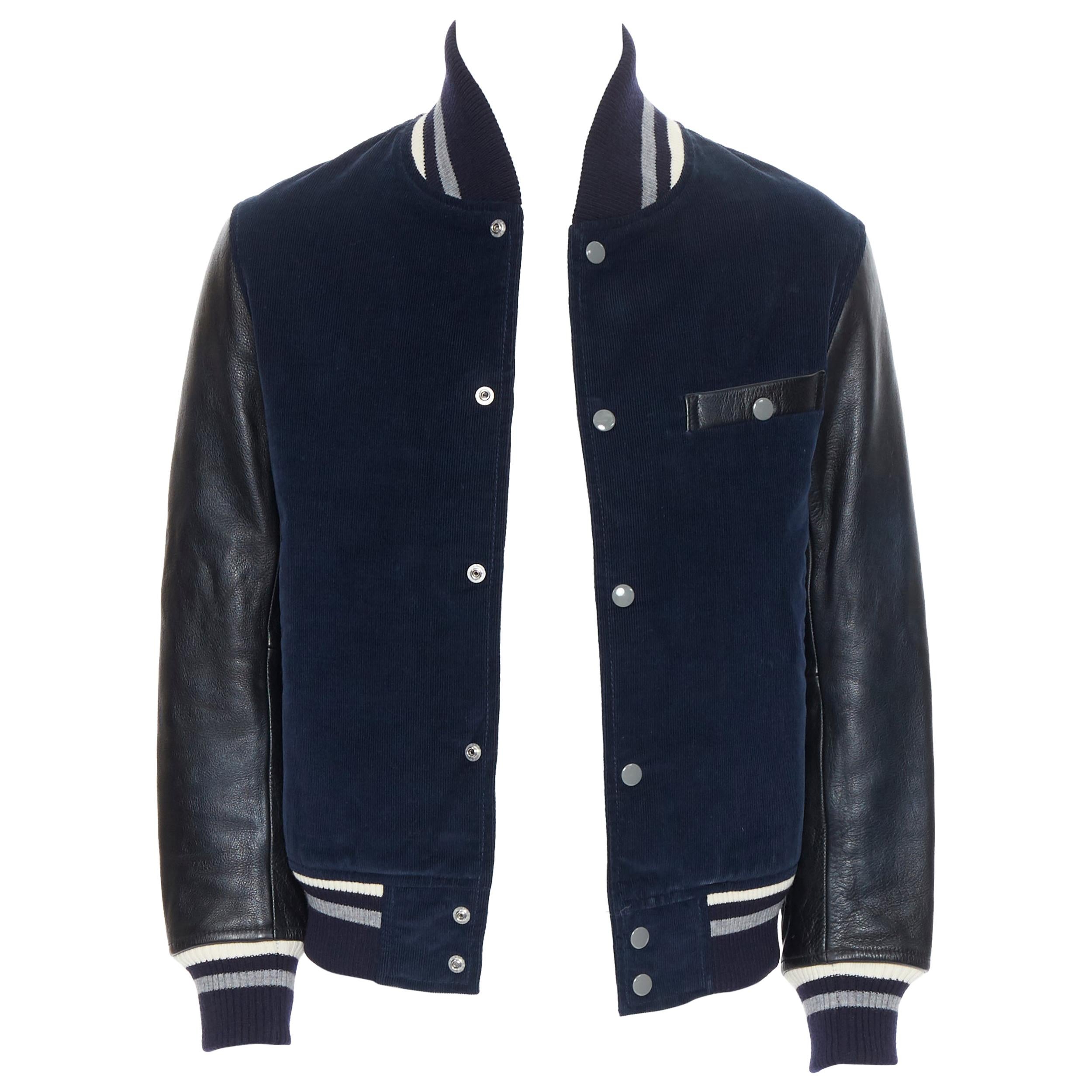 THOM GREY THOM BROWNE navy blue black leather sleeve varsity bomber jacket M