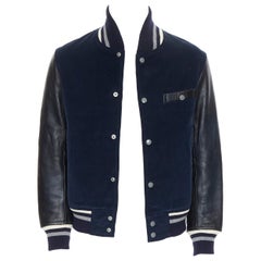 THOM GREY THOM BROWNE navy blue black leather sleeve varsity bomber jacket M