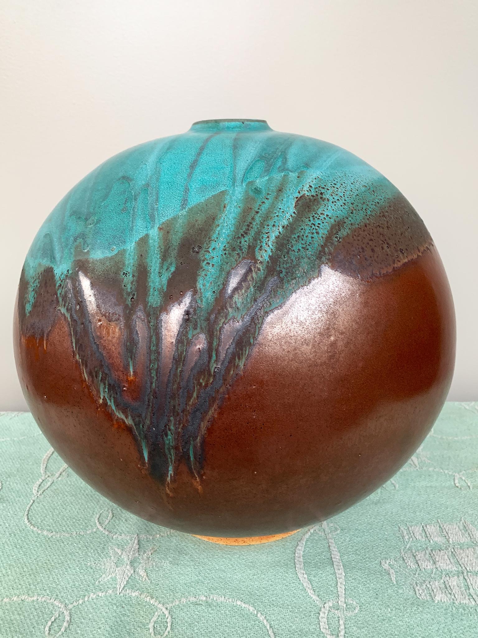 Glazed Thom Lussier Ceramic Vessel #1, from the Oxidized Copper Collection For Sale