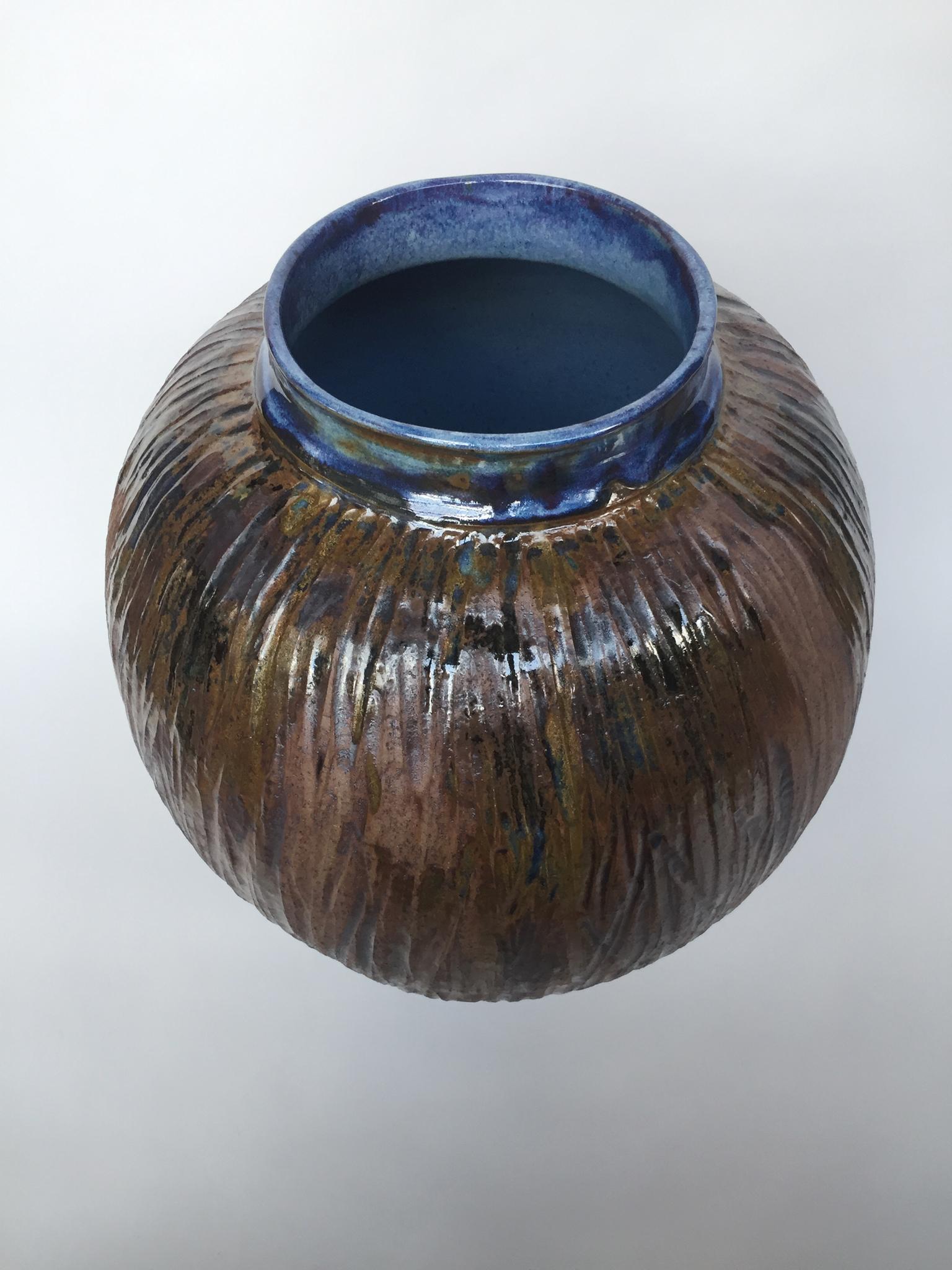 American Thom Lussier Glazed Ceramic Urn with Blue Interior