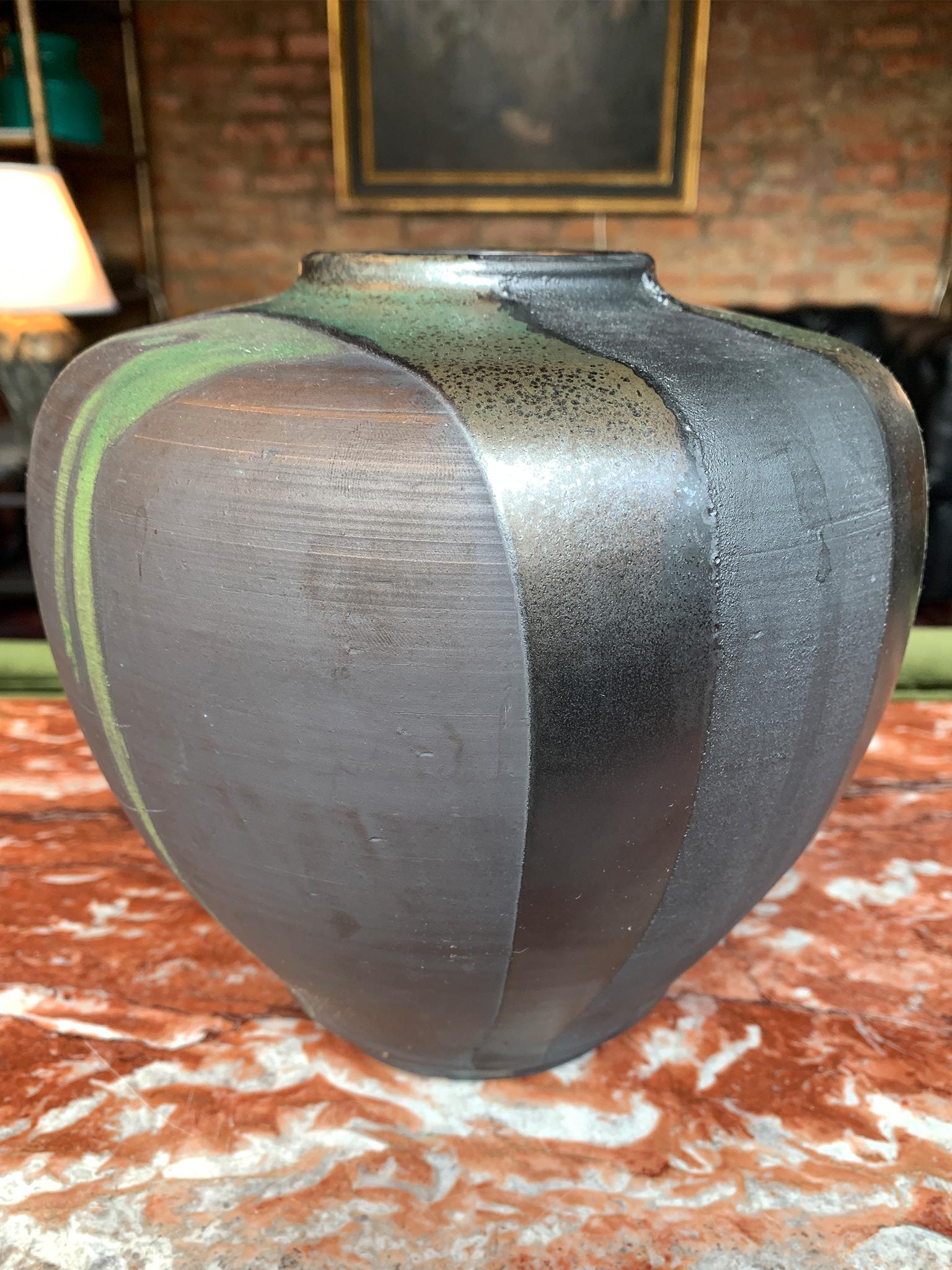 Glazed Thom Lussier Green and Metallic Black Ceramic Pot