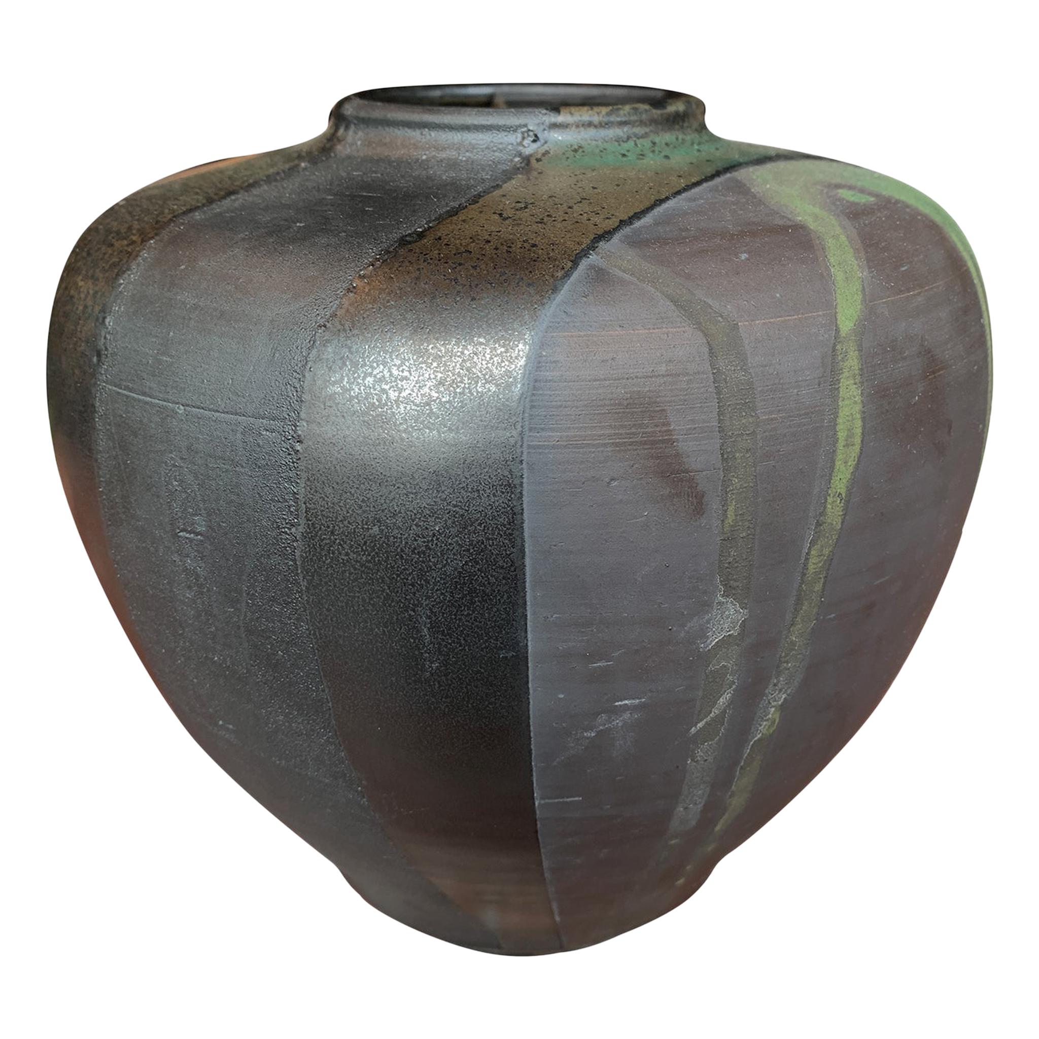 Thom Lussier Green and Metallic Black Ceramic Pot