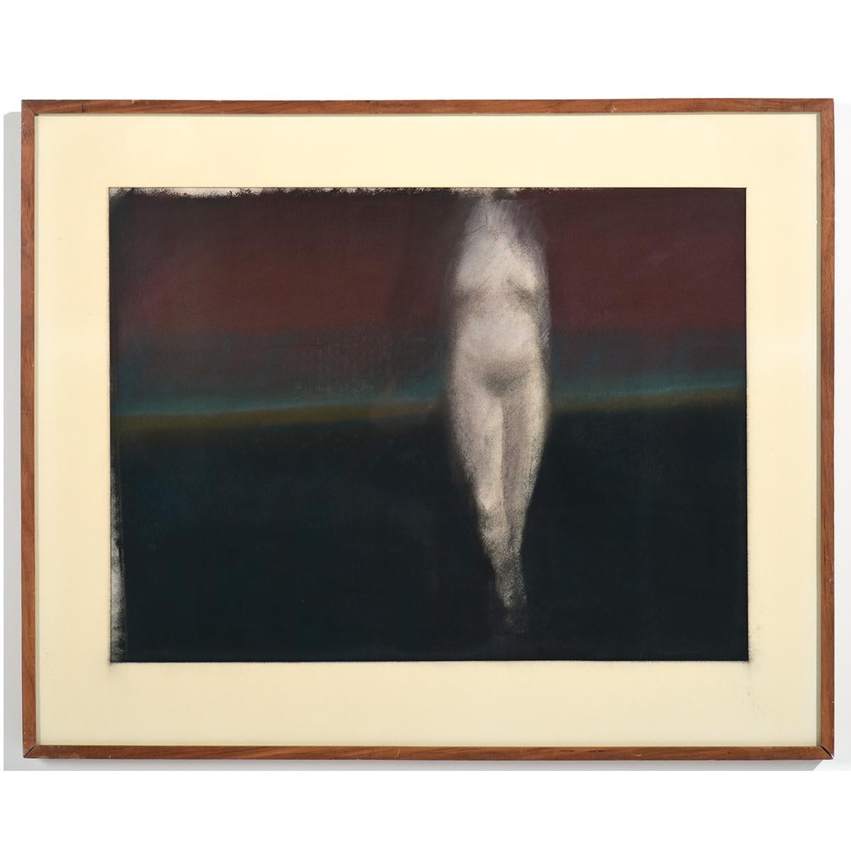 "The Model #5" est un pastel sur papier représentant une figure féminine nue émergeant de ce qui semble être une brume du soir qui s'assombrit, suggérant un paysage lointain ou peut-être émergeant de la mer. La figure flotte plutôt qu'elle ne marche