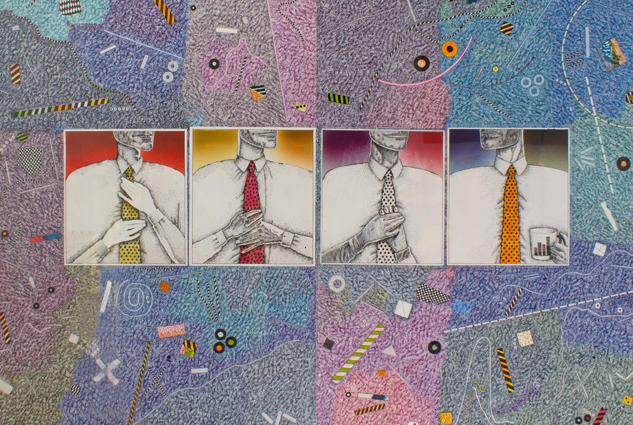 A collage and marker abstract drawing by the American artist Thom Shaw (1947-2010). Four squares depicting men in various stages of putting on a tie are collaged onto the intricately drawn background. The background of the collage pieces are printed
