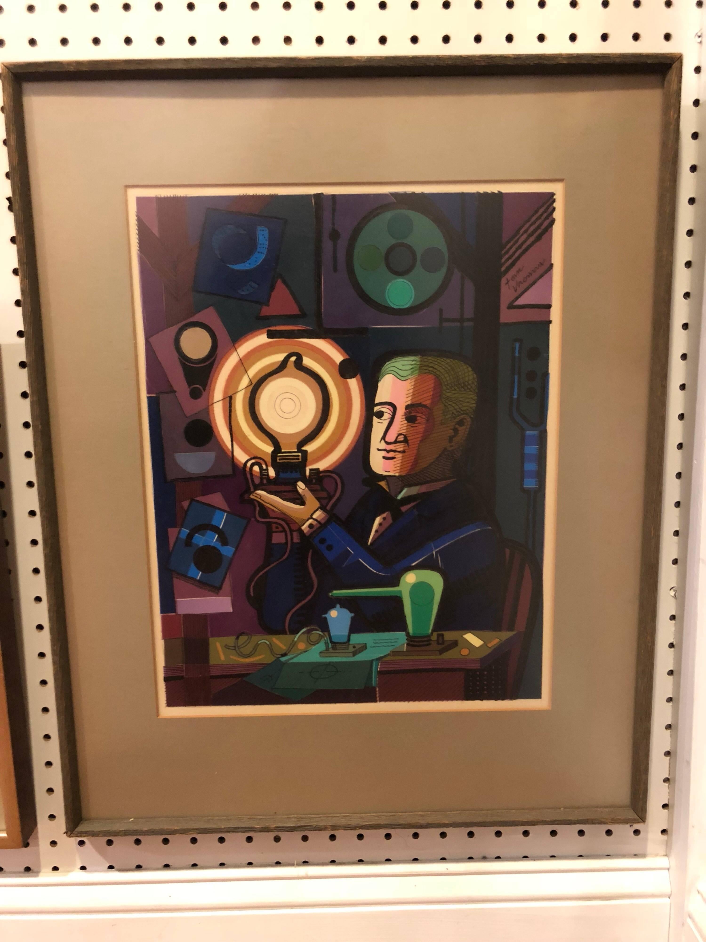 Thom Vromen signed colored lithograph we think portraying Thomas Edison. Vromen was a famous midcentury illustrator who attended the Beaux Art School in Paris. He graduated from the University of the Arts in Philadelphia, Pennsylvania and began a