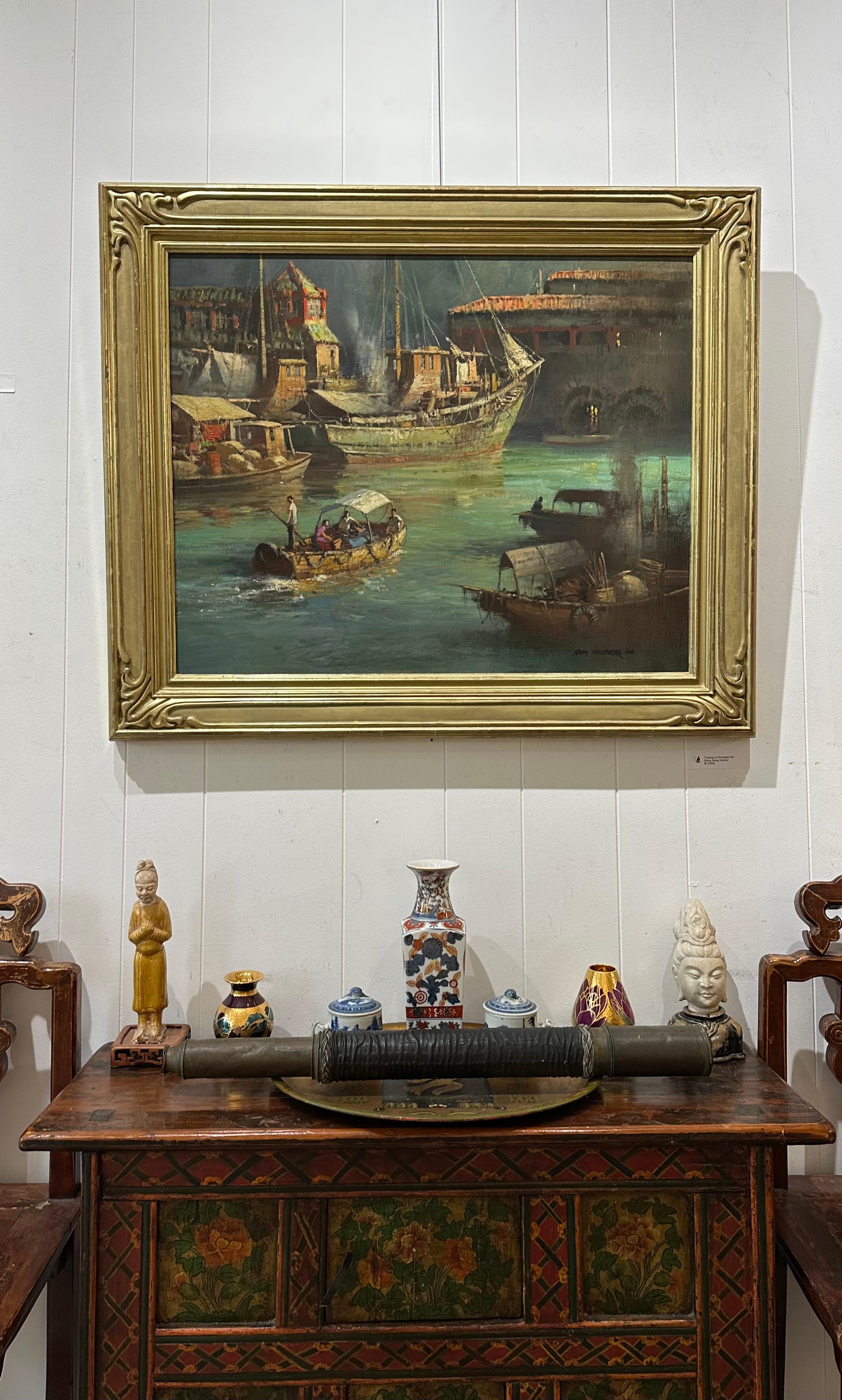 Port de Hong Kong - Impressionnisme américain Painting par Thomas A. Nicholas