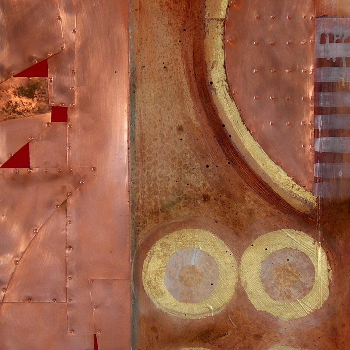 Utilisant la beauté simple du cuivre non traité avec des feuilles de métal et de l'acrylique sur aluminium, cette peinture est inspirée par les mathématiques : la relation entre deux nombres.  Tom Anderson est un artiste aux techniques mixtes