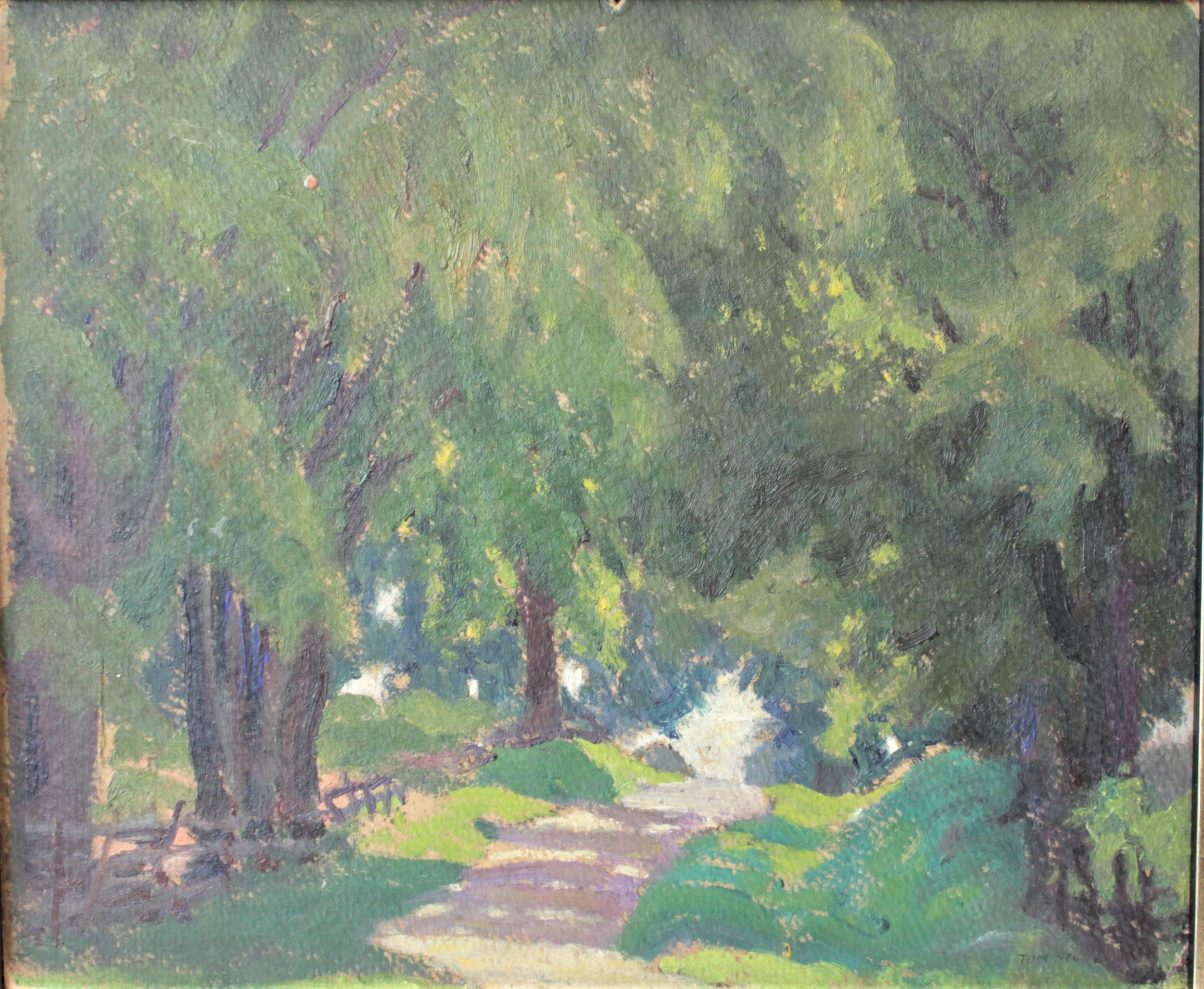 This original oil painting on board was done by renowned Canadian artist Tom Stone. The painting depicts a rural laneway amidst a lush canopy of trees and is done is an impressionistic style in various shades of green. This painting does have a