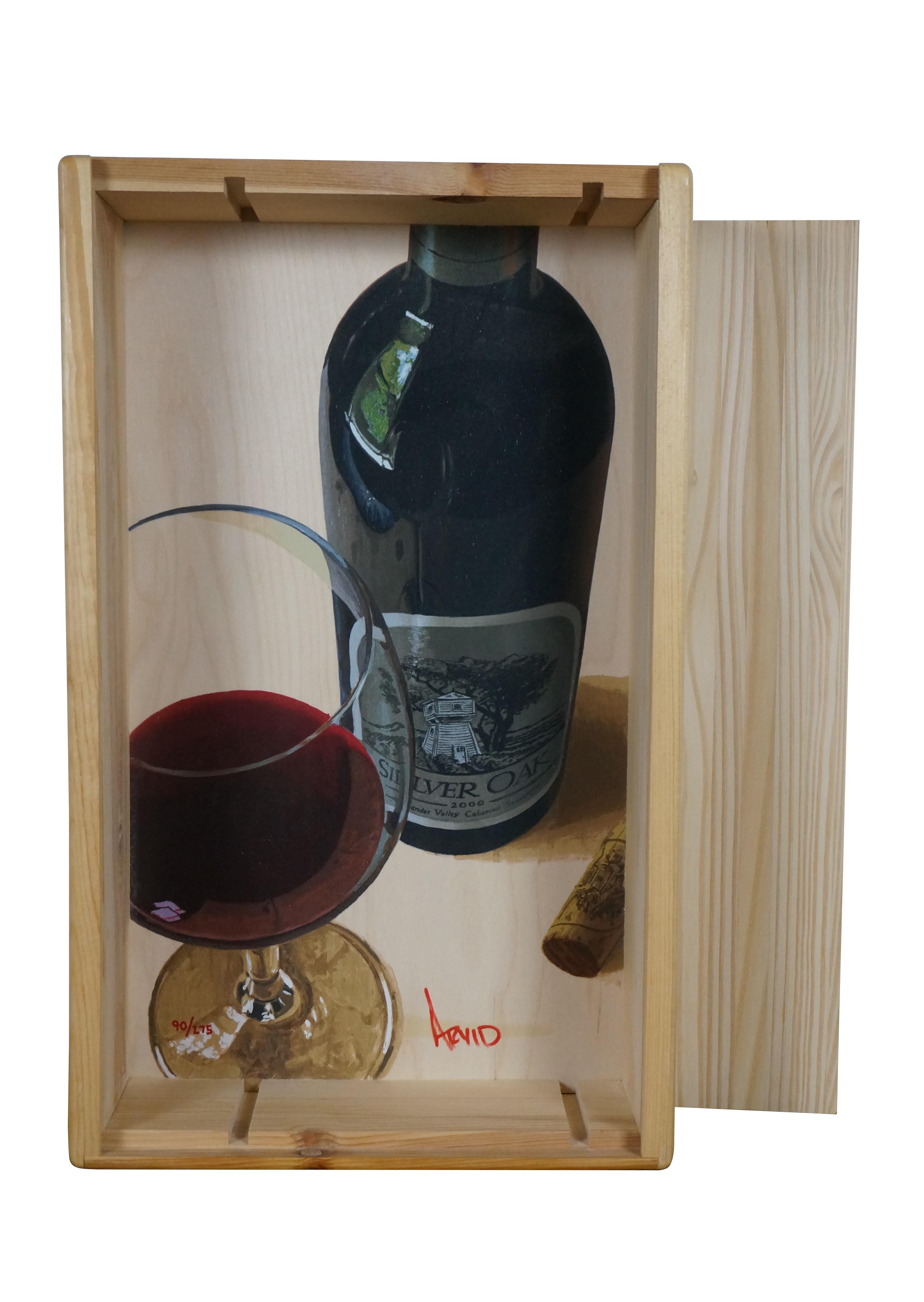 Silver Oak Cellars Arvid 2006 Caja de vino de edición limitada. Caja de vino de madera dura con tapa corredera, interior decorado con una imagen serigrafiada de una botella de vino Silver Oak y una copa, titulada 
