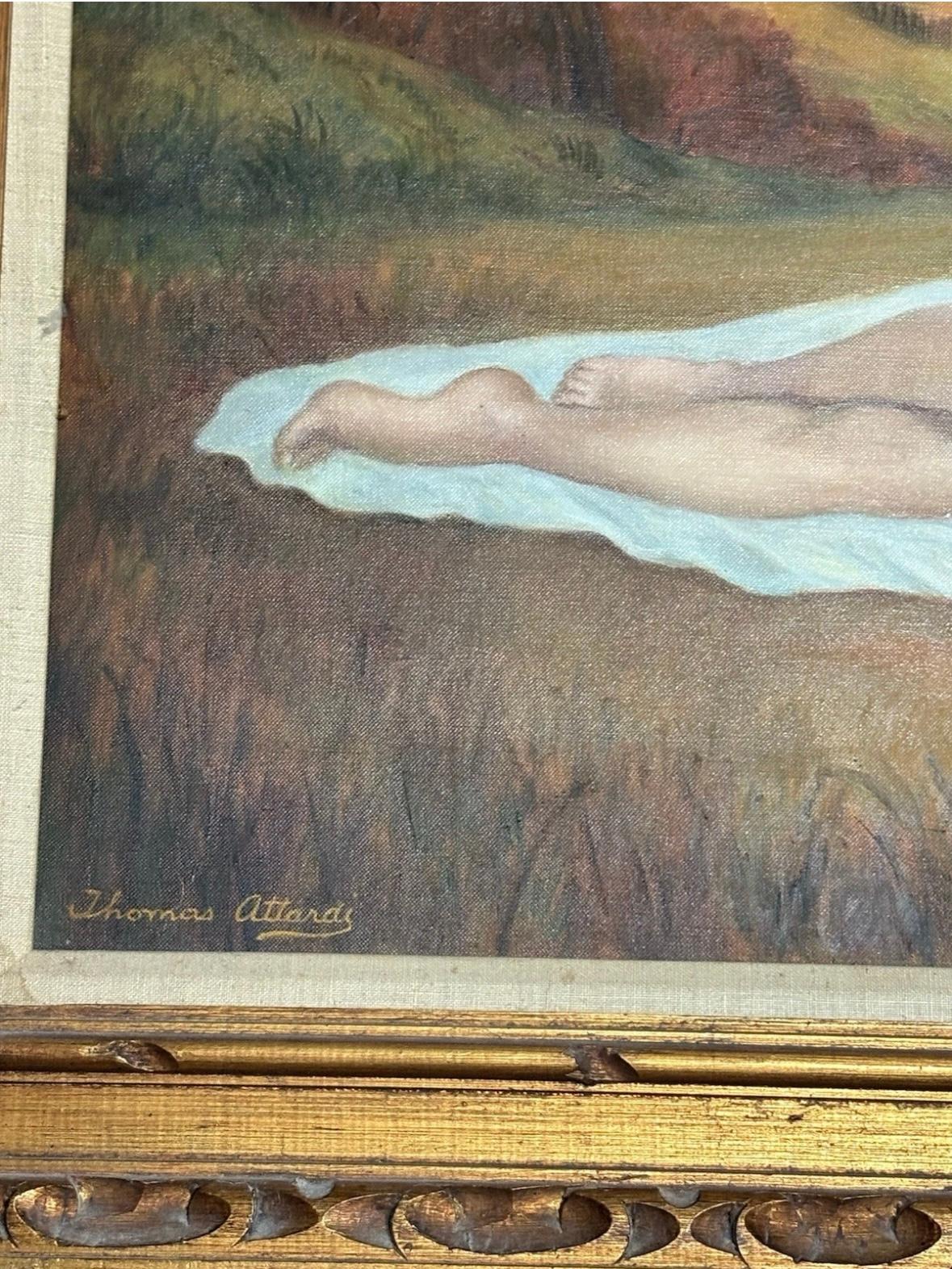 Thomas Attardi original oil painting on canvas “woman in field”. In good condition some minor staining on matting of the frame. Nice piece! Measures 44x32
